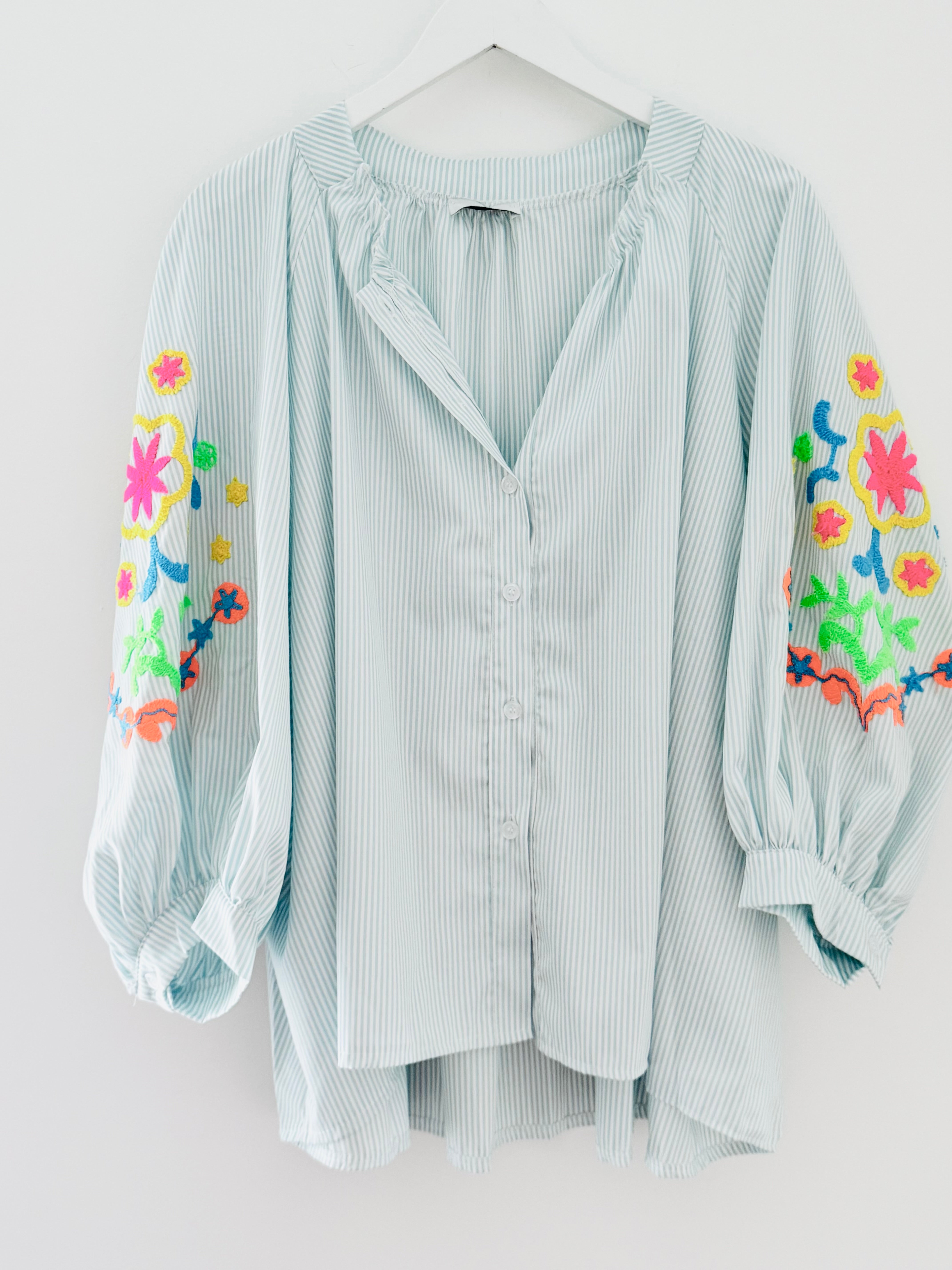 Designer Stripe Shirt with Neon Embroidered Sleeves in Seafoam Green