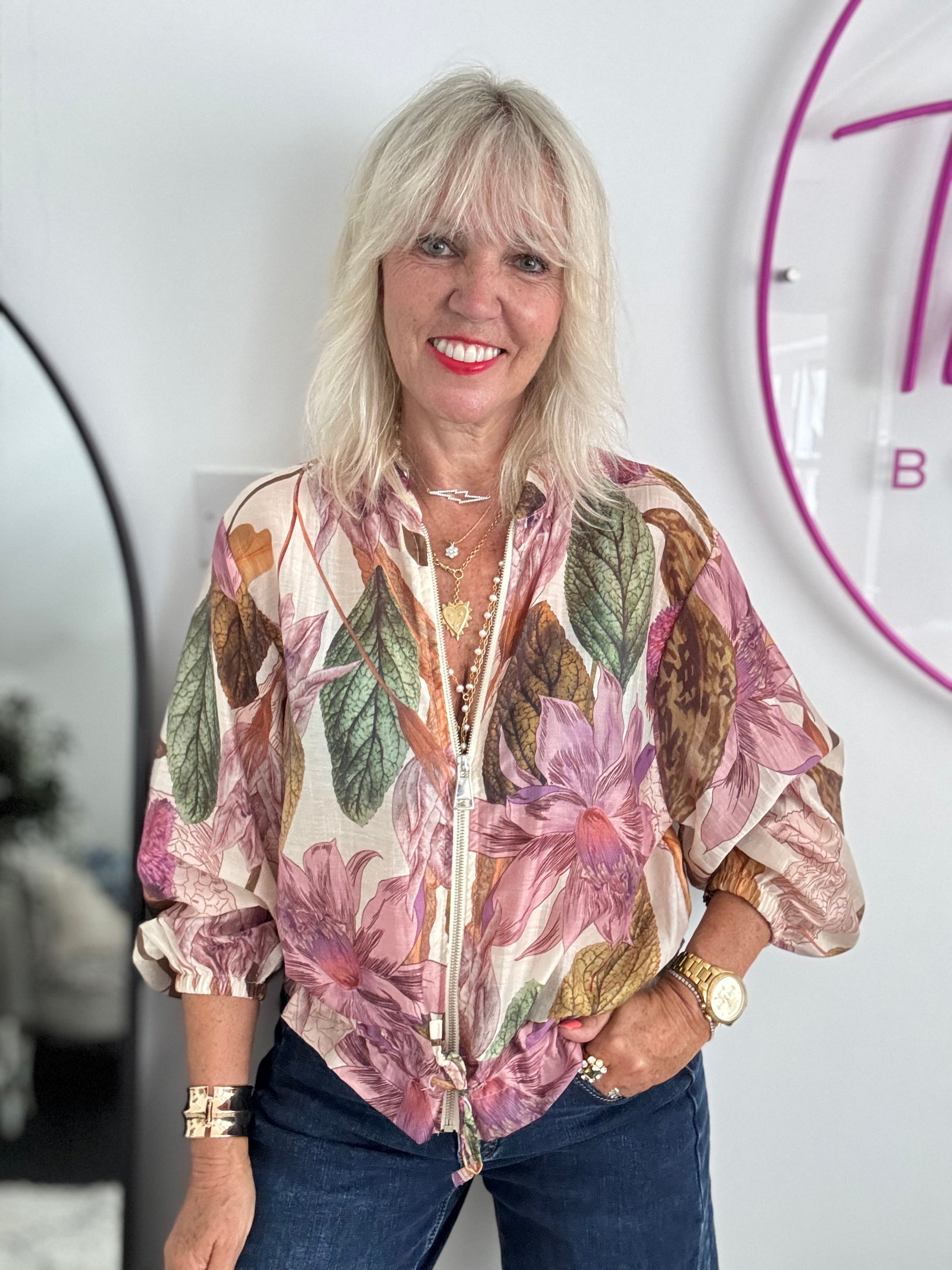 Floral Bomber Jacket in Pink & Khaki