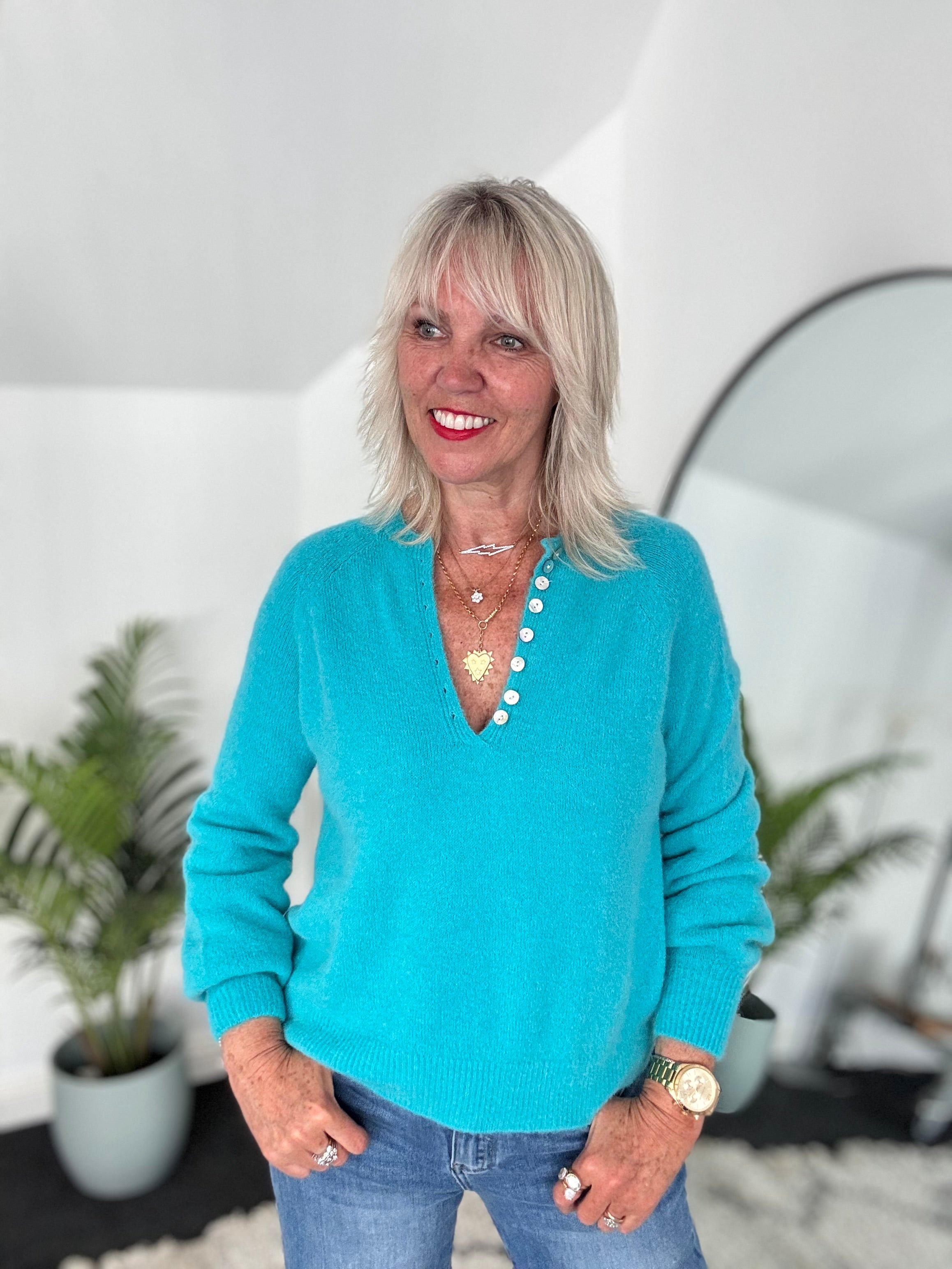 Softie Jumper with Button Neck in Turquoise