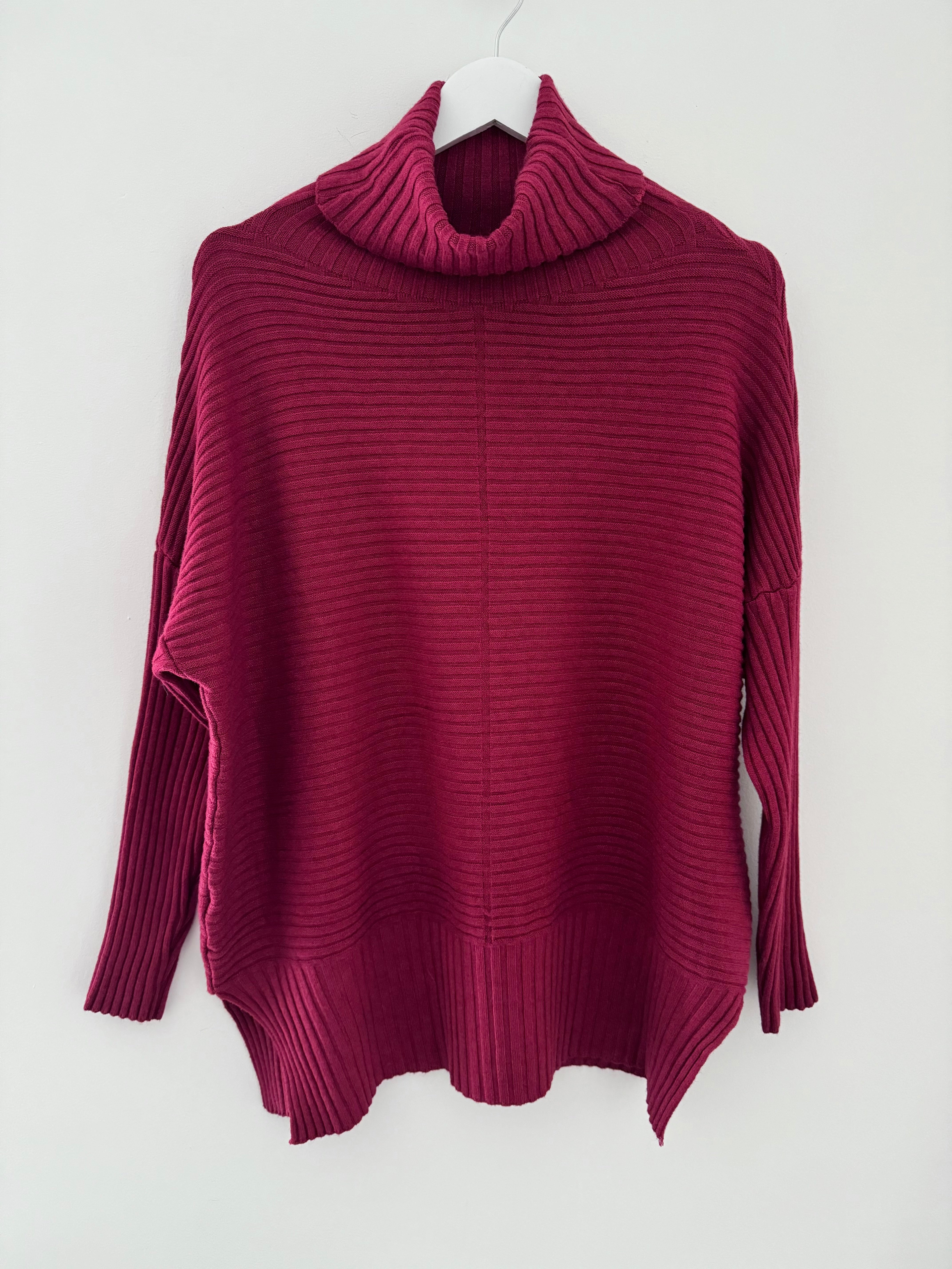 Ribbed Roll Neck Poncho Jumper in Berry The Meek Boutique