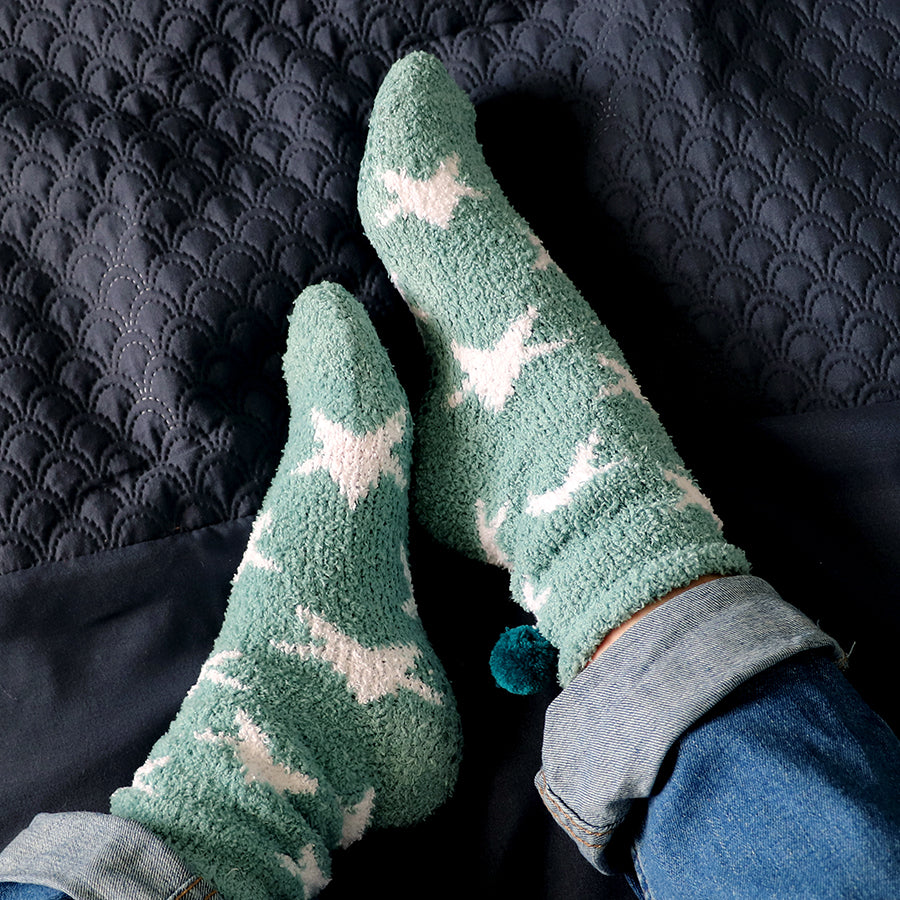 Cosy Star & Pompom Socks in Sea Foam