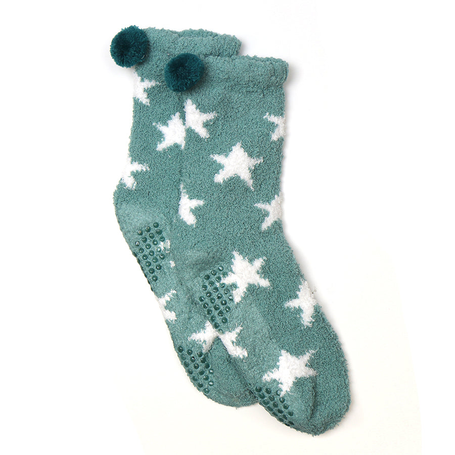 Cosy Star & Pompom Socks in Sea Foam