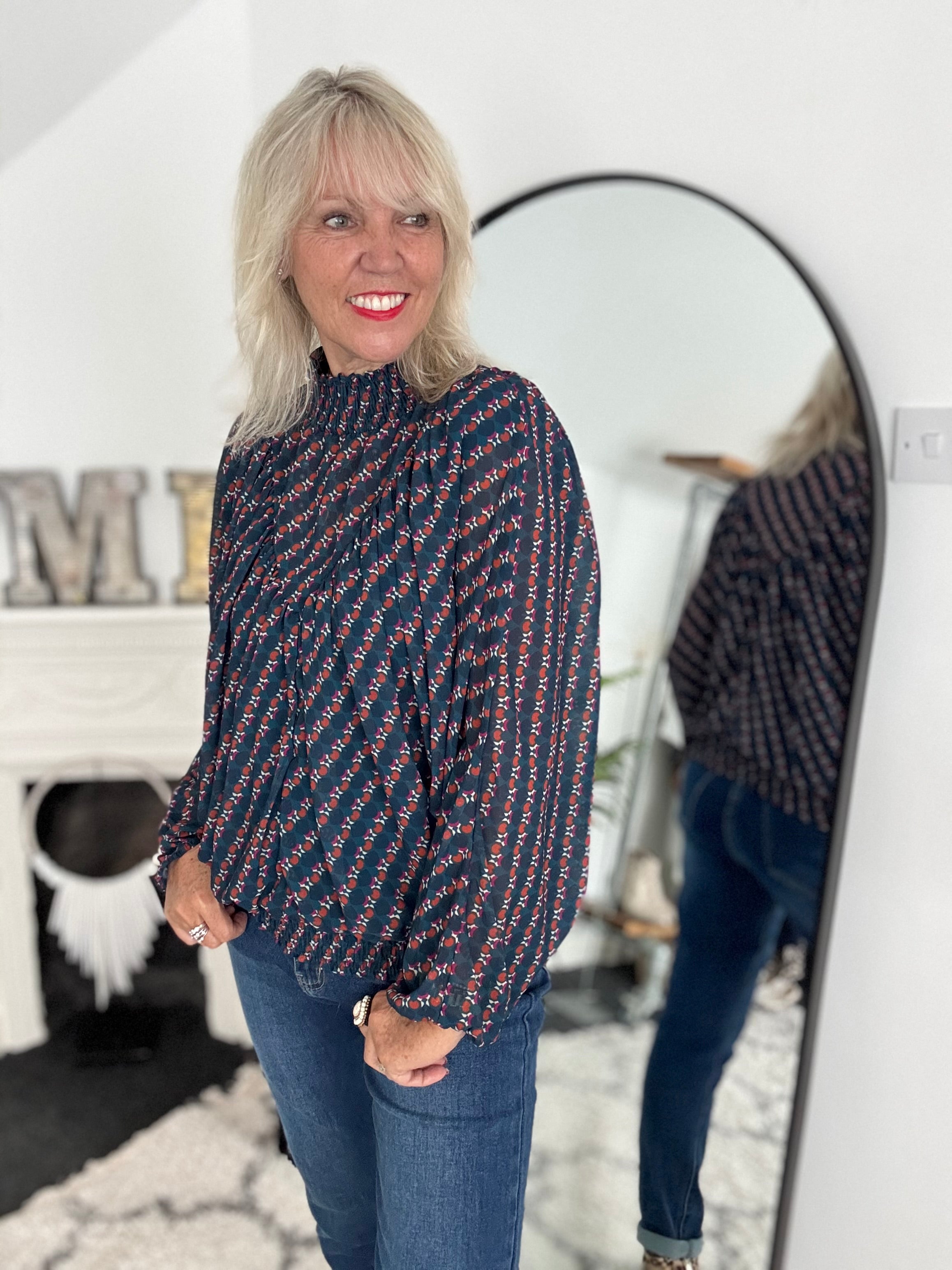 High Neck Blouse in Teal & Cherry