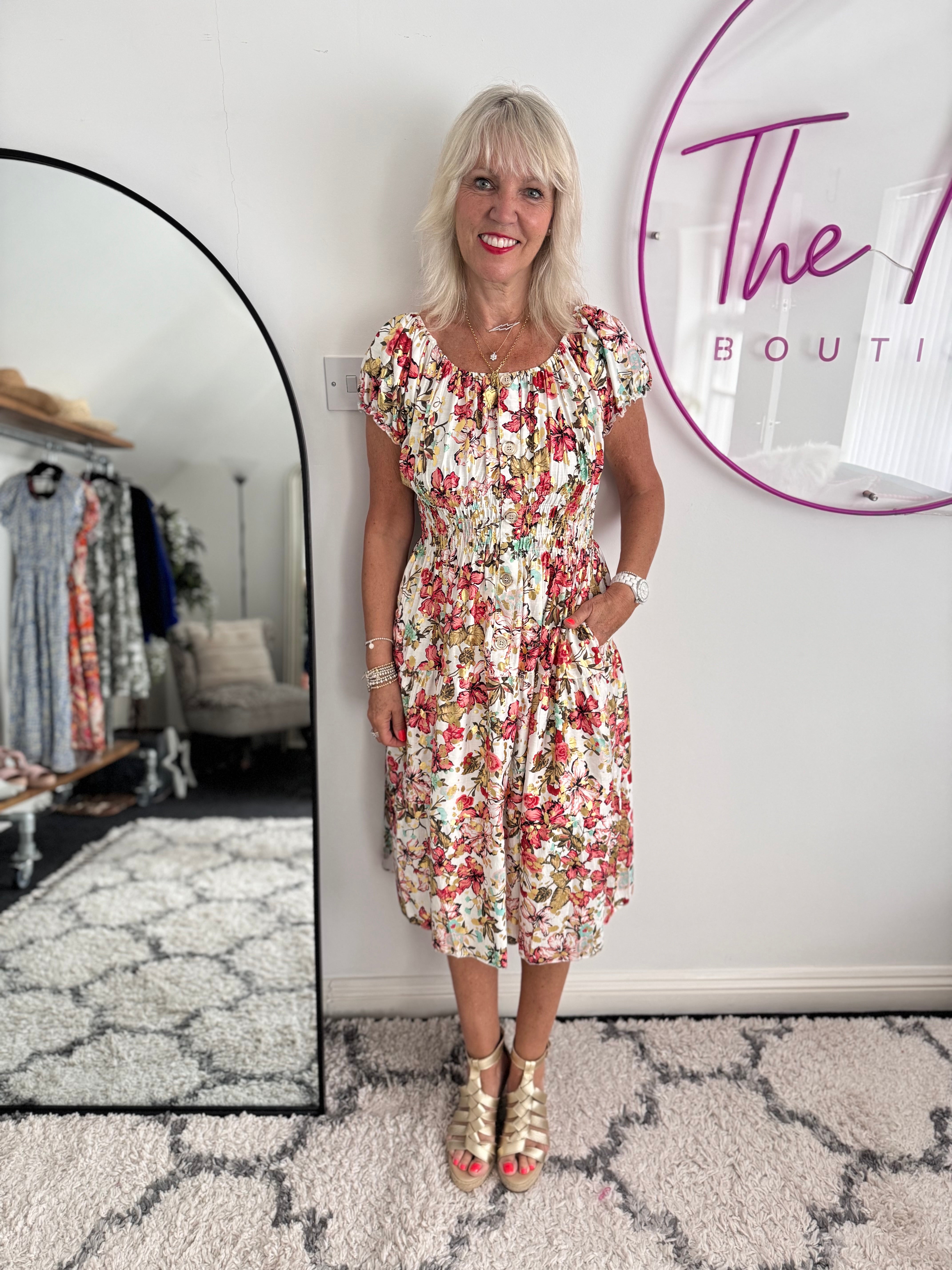 Bardot Dress in Coral & Aqua