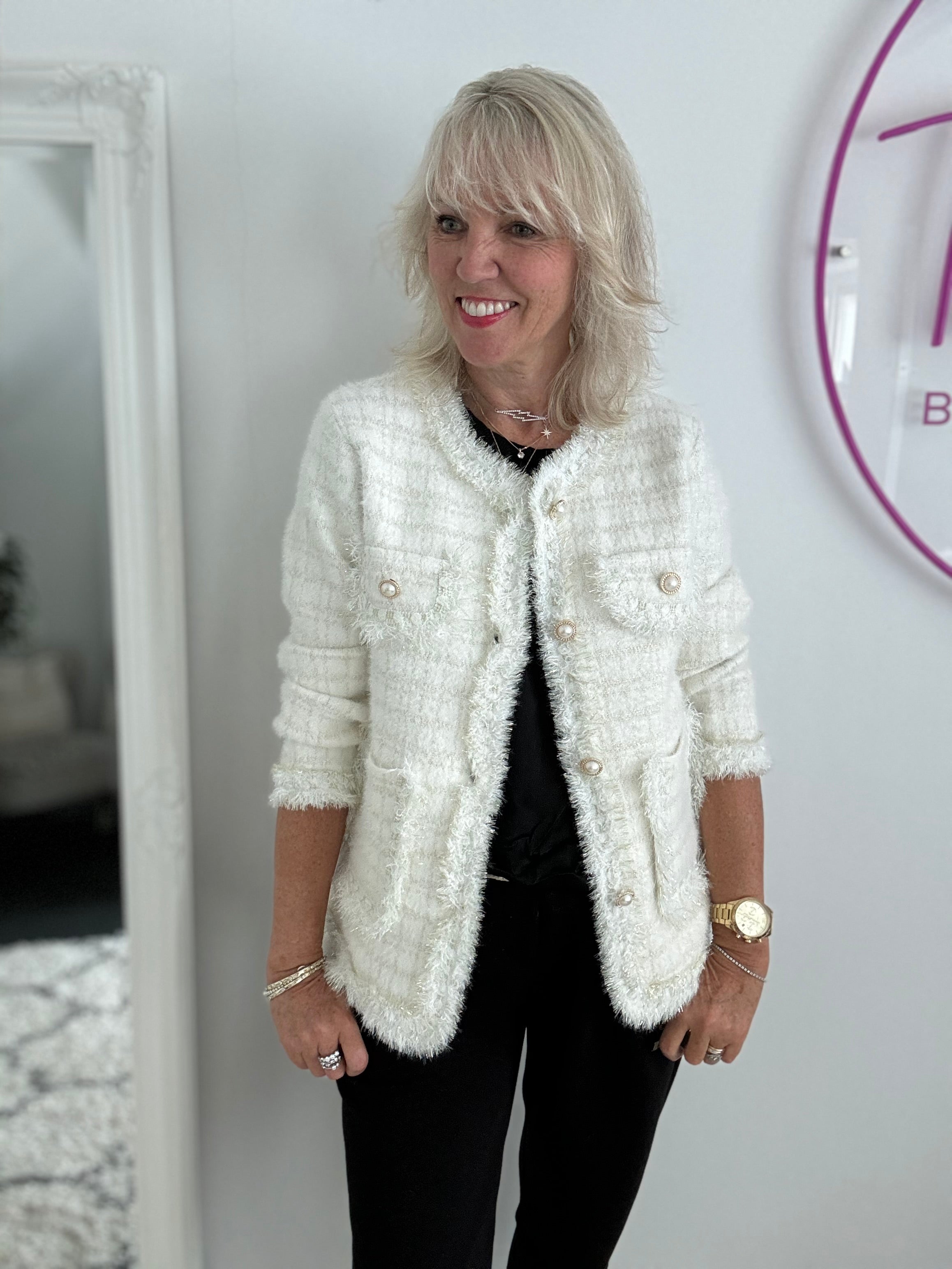 Pearl Button & Tweed Cardi Jacket in Ivory