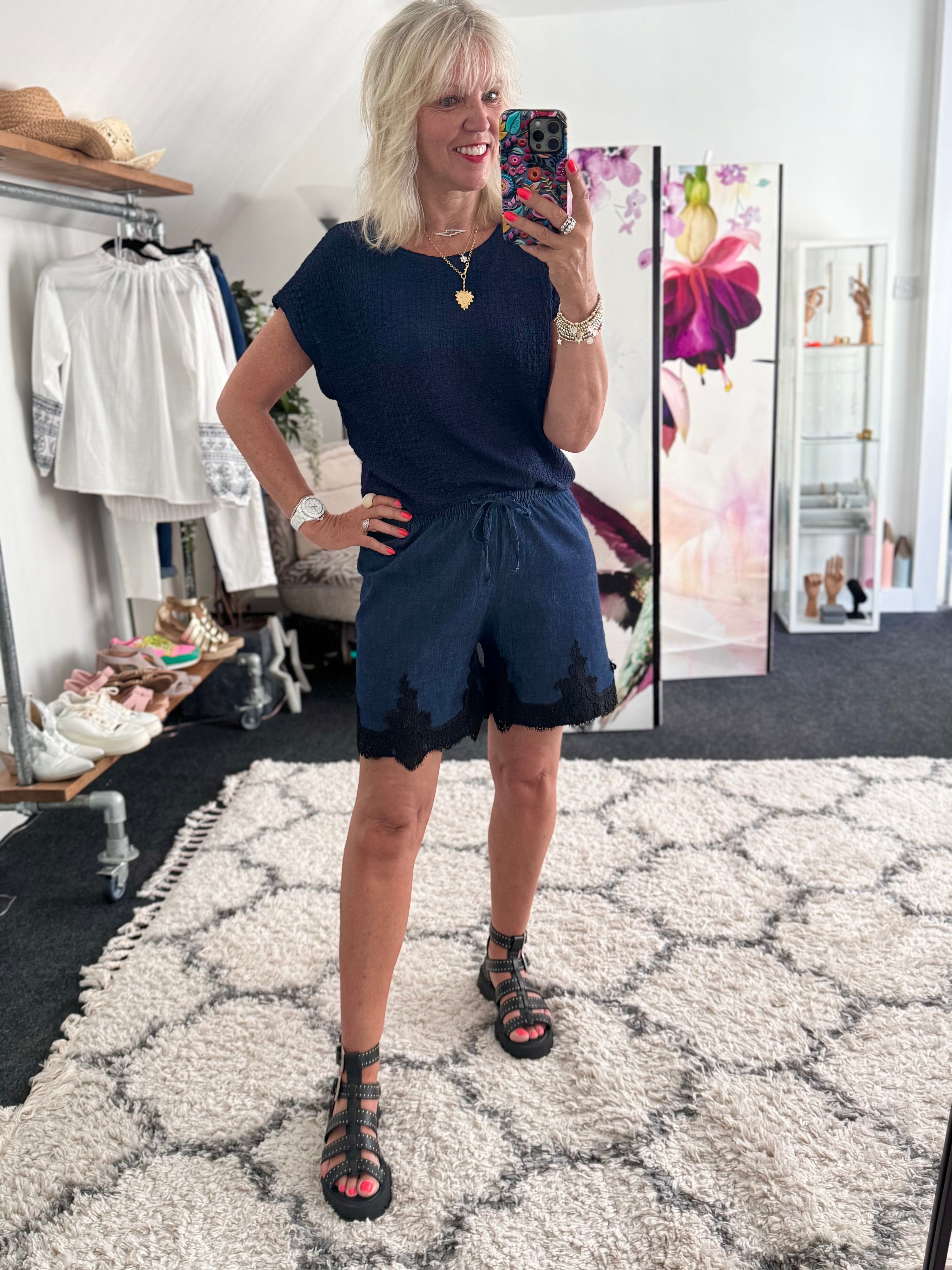 Luxe Chambray Shorts with Lace