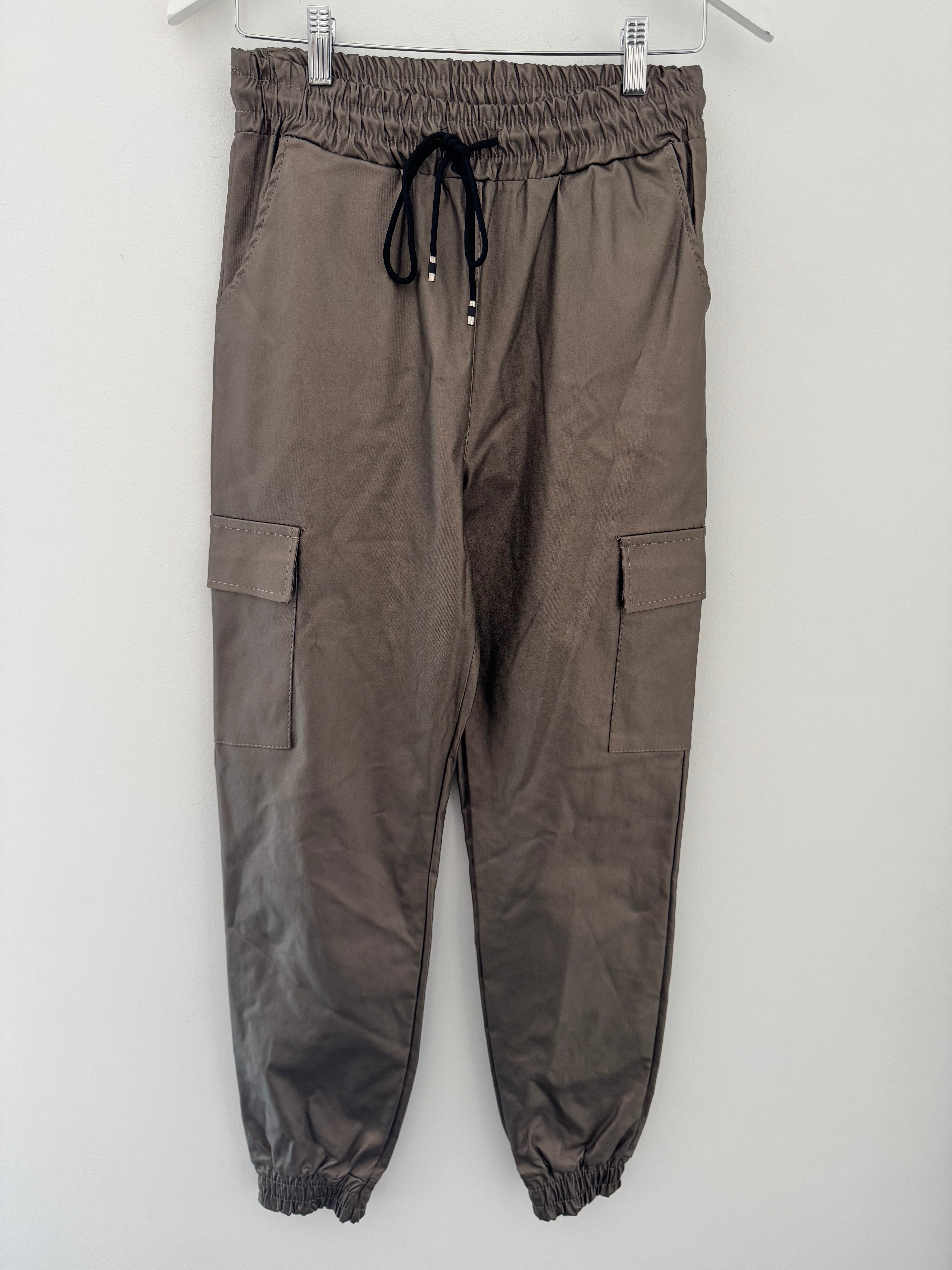 Leather Look Cargo Joggers in Pewter