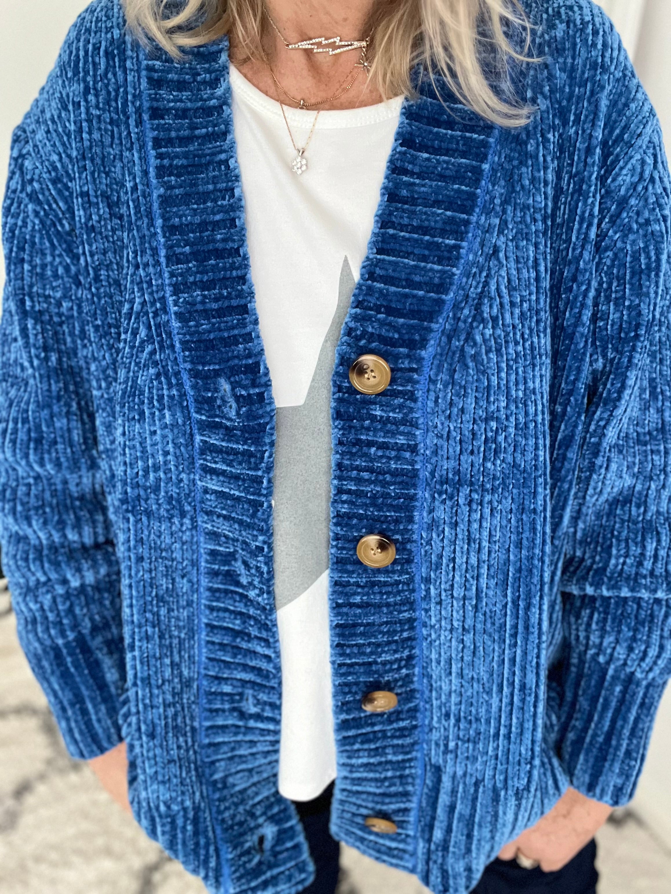Button Chenille Cardi in Blue