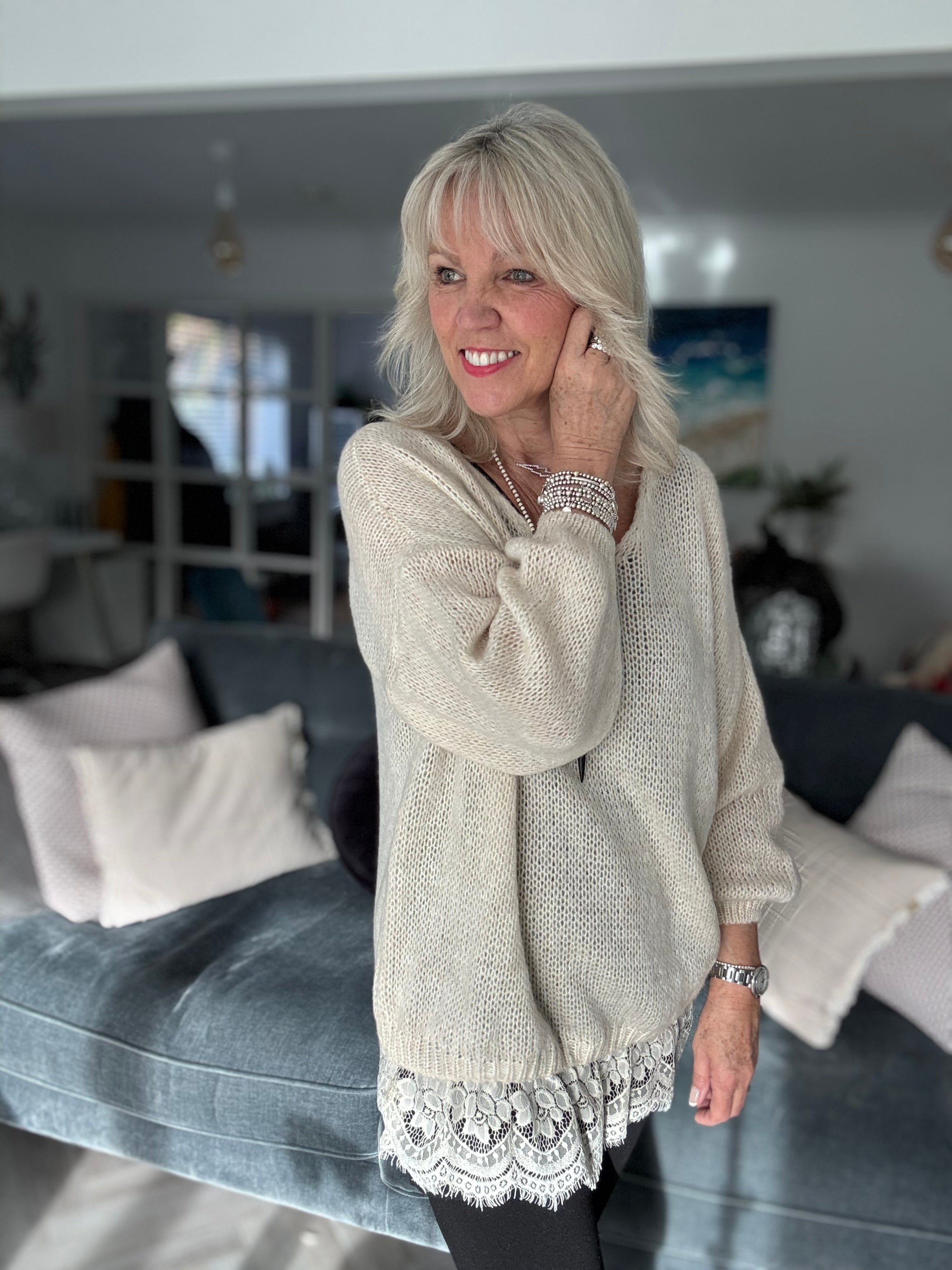 Soft Jumper with Lace Hem in Stone