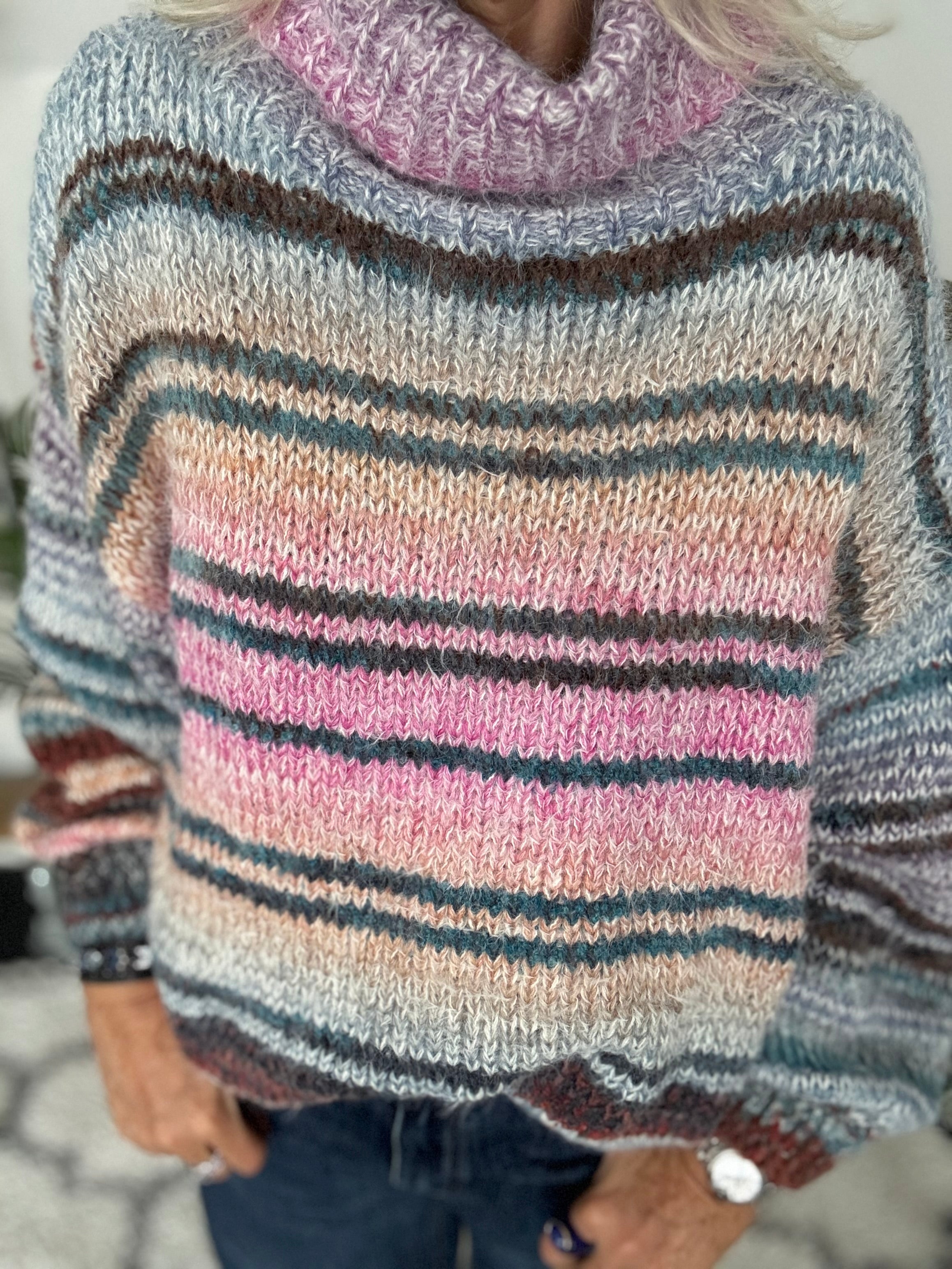 Oversized Stripe Roll Neck Jumper in Pink & Teal