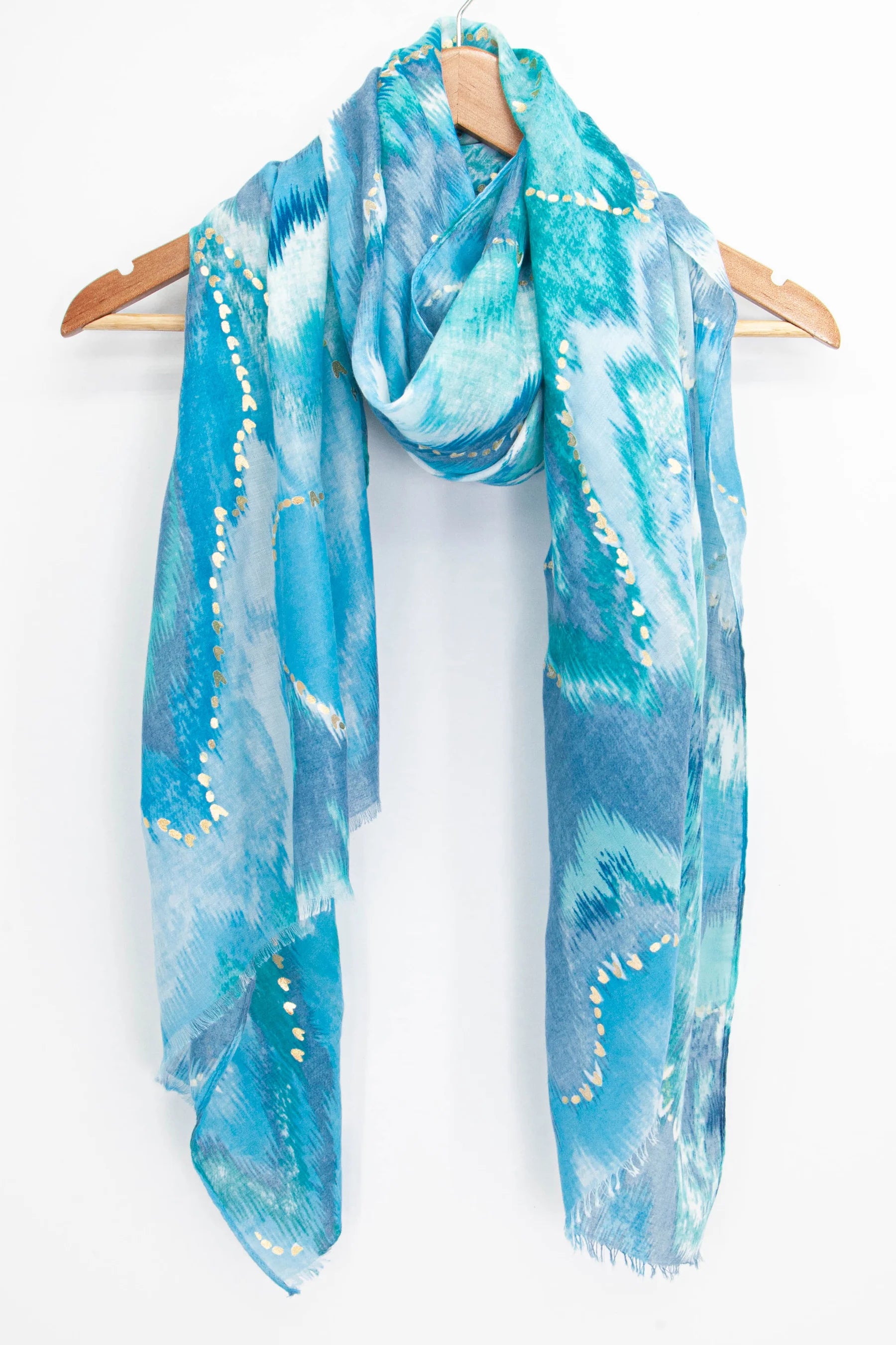 Wave Print Scarf with Gold Highlights in Blue