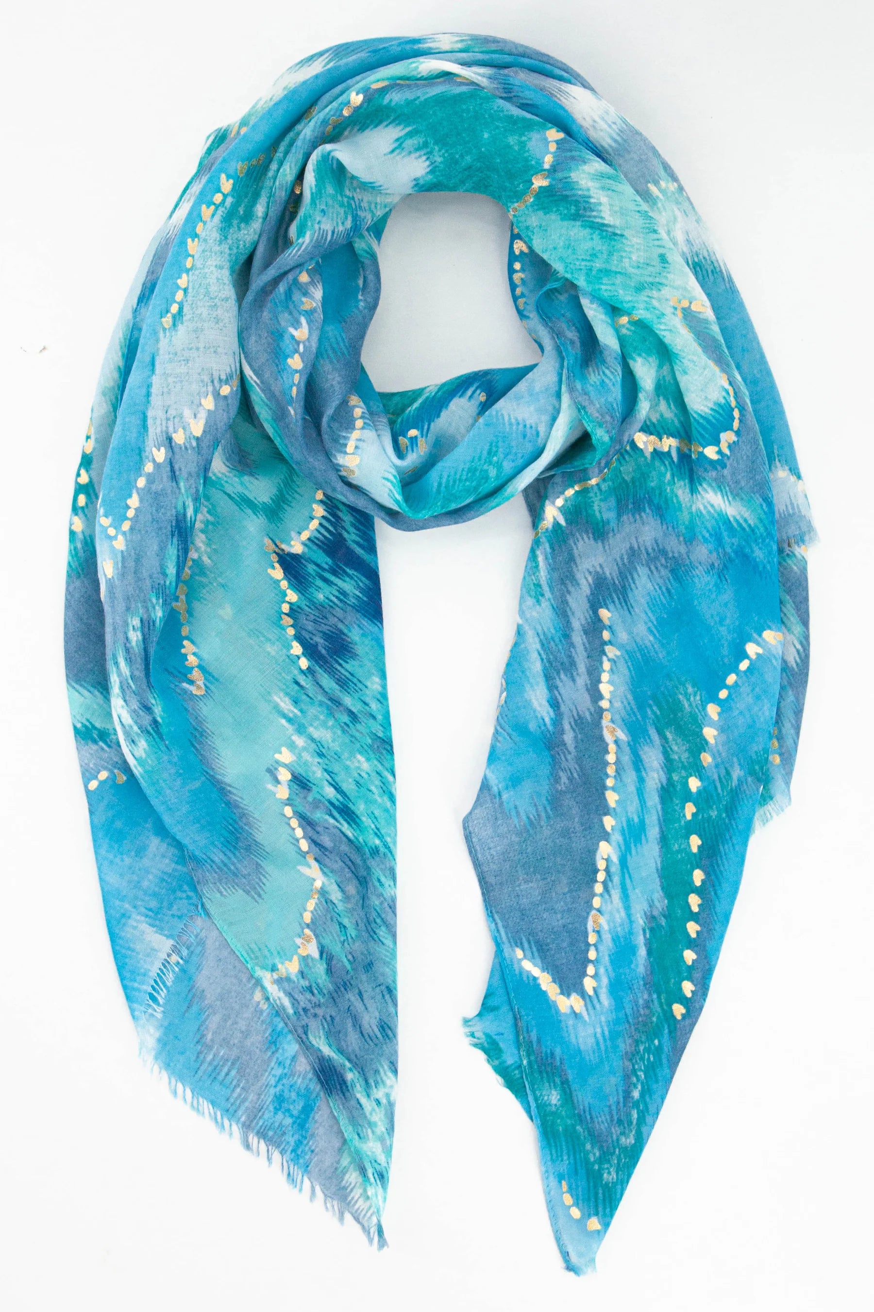 Wave Print Scarf with Gold Highlights in Blue