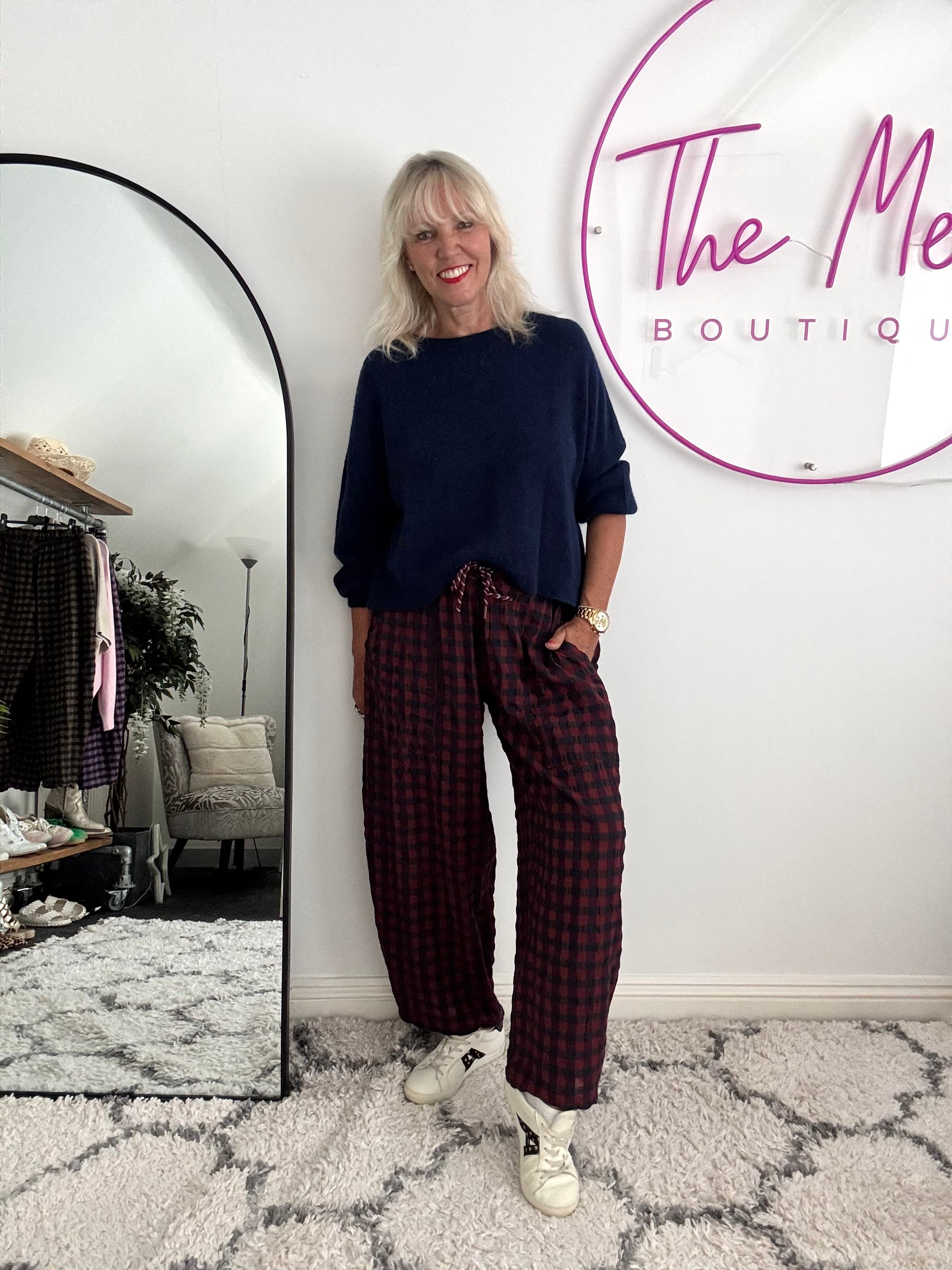 Barrel Check Trousers in Berry & Navy