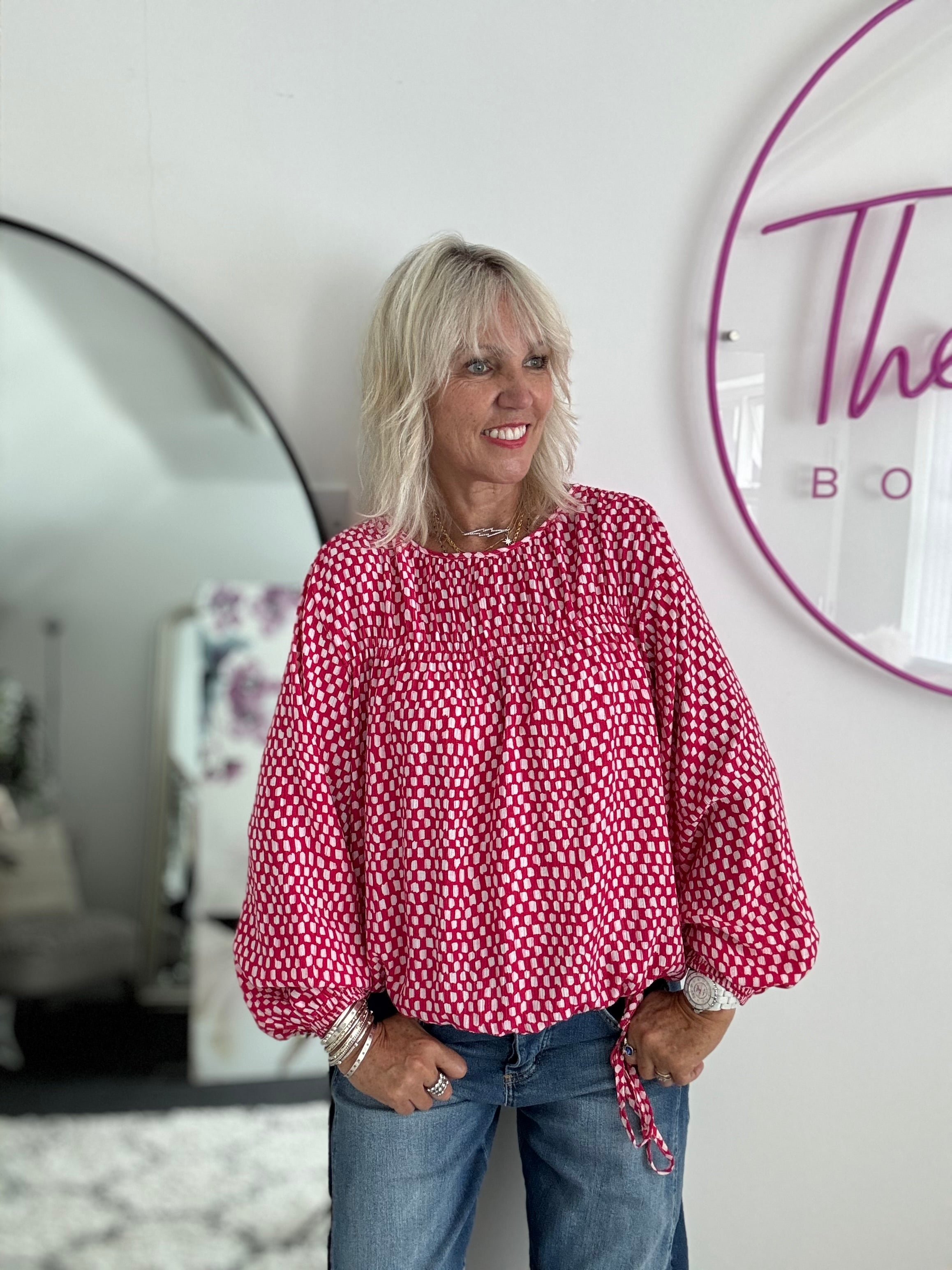Checker Blouse in Raspberry & White