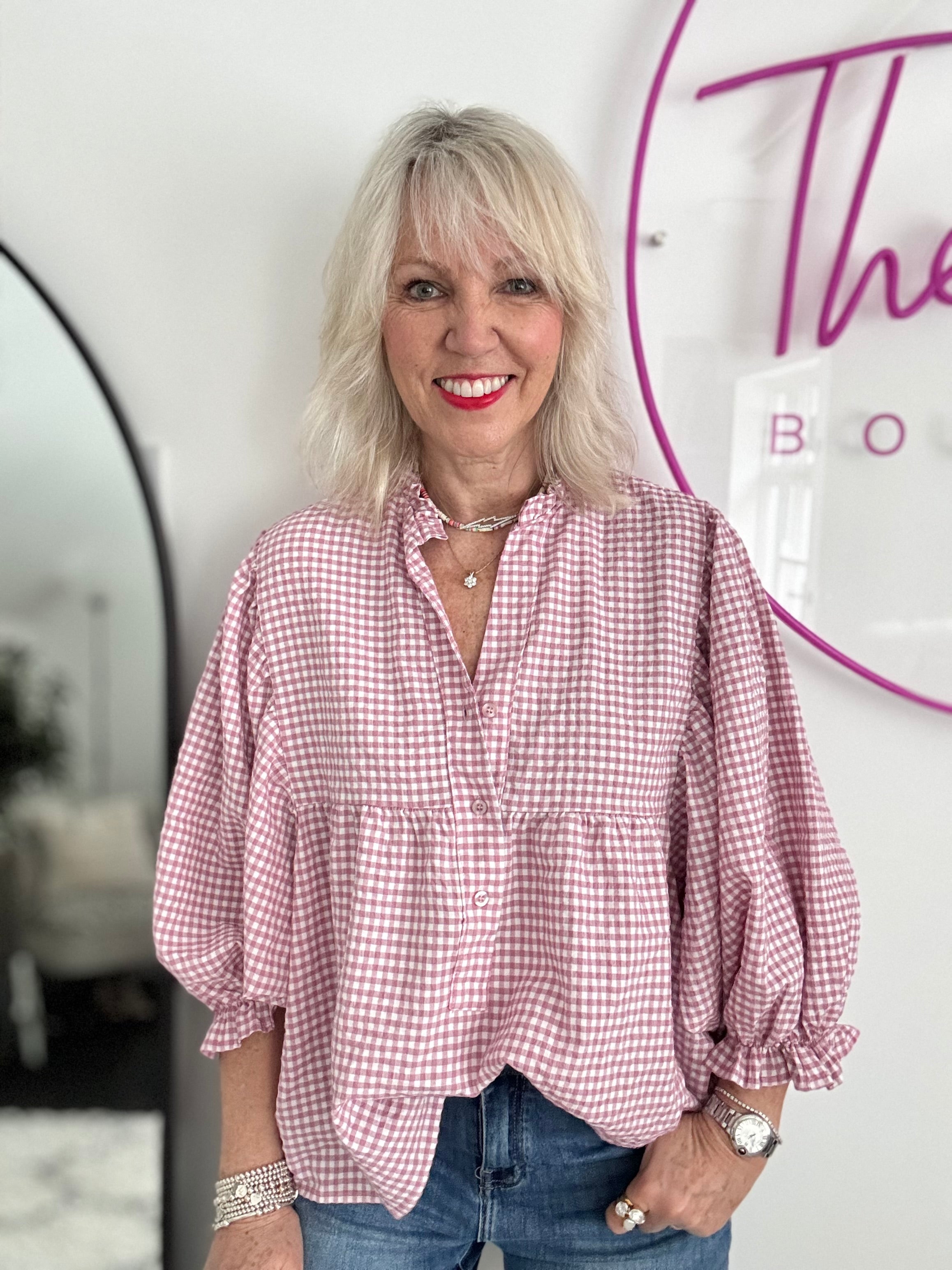 Gingham Seersucker Blouse in Rose Pink