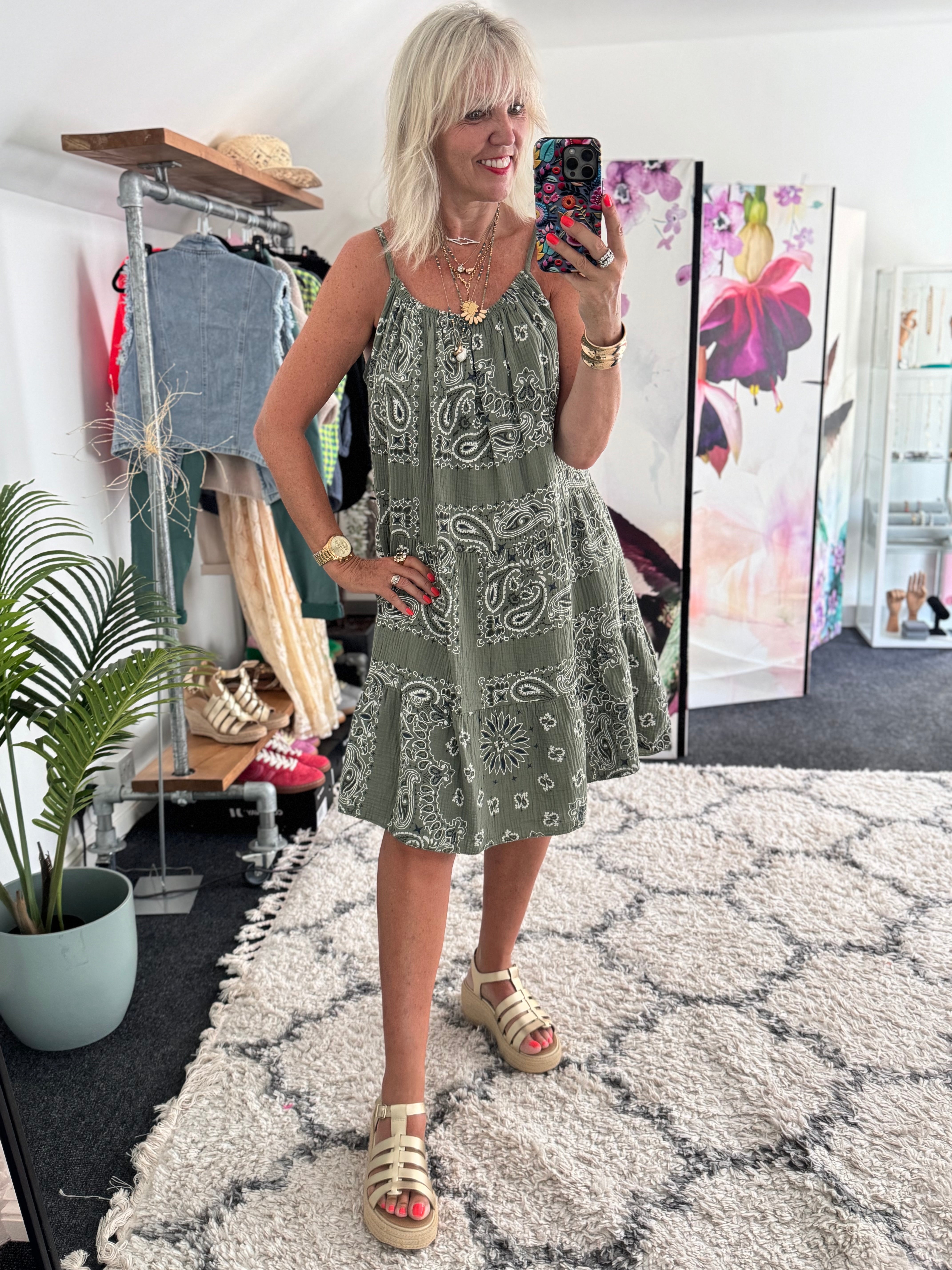 Paisley Cheesecloth Dress in Khaki