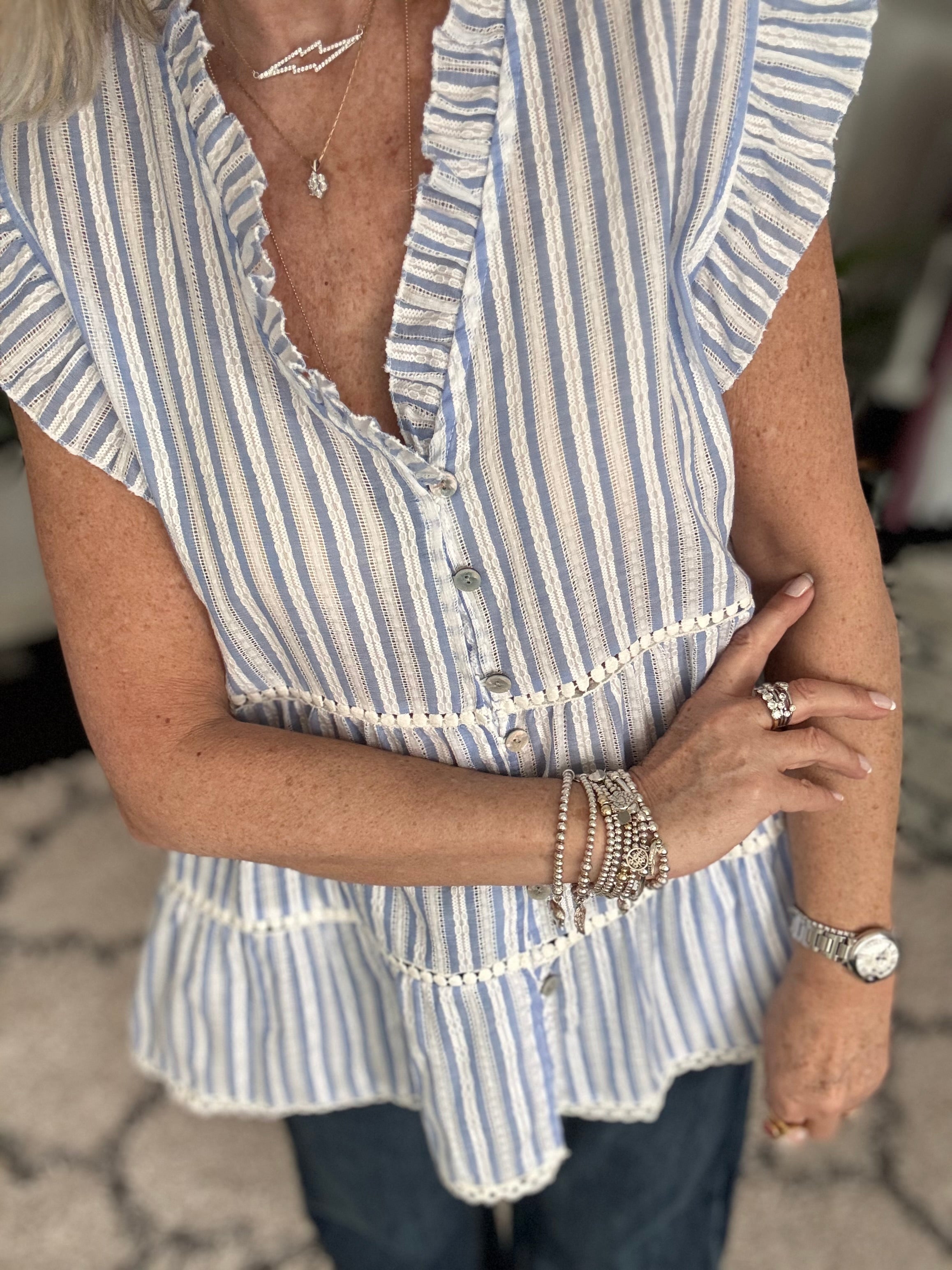 Tiered Cotton Top in Blue & White Stripe