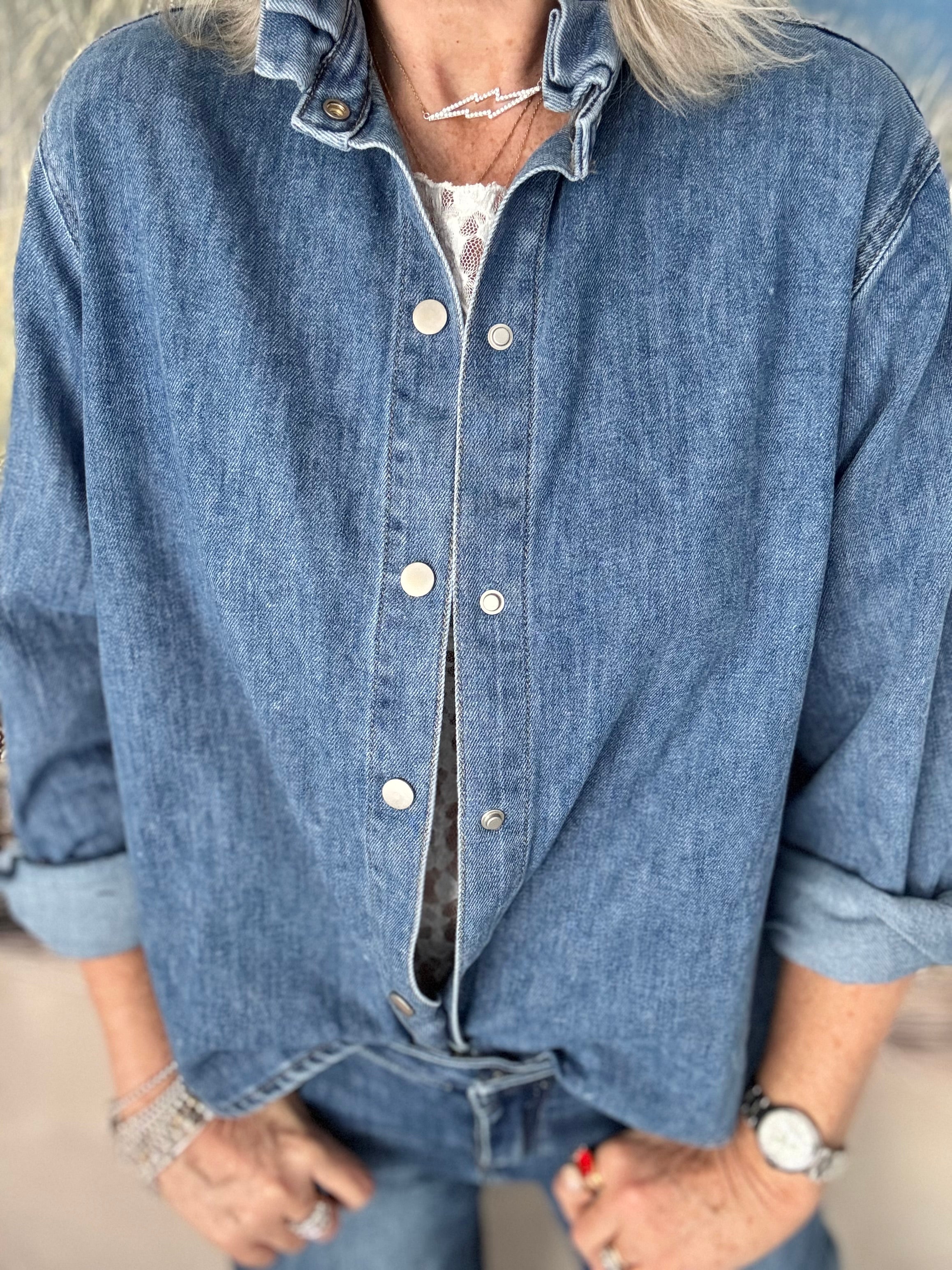 Soft Denim Shirt with Ruffle Collar