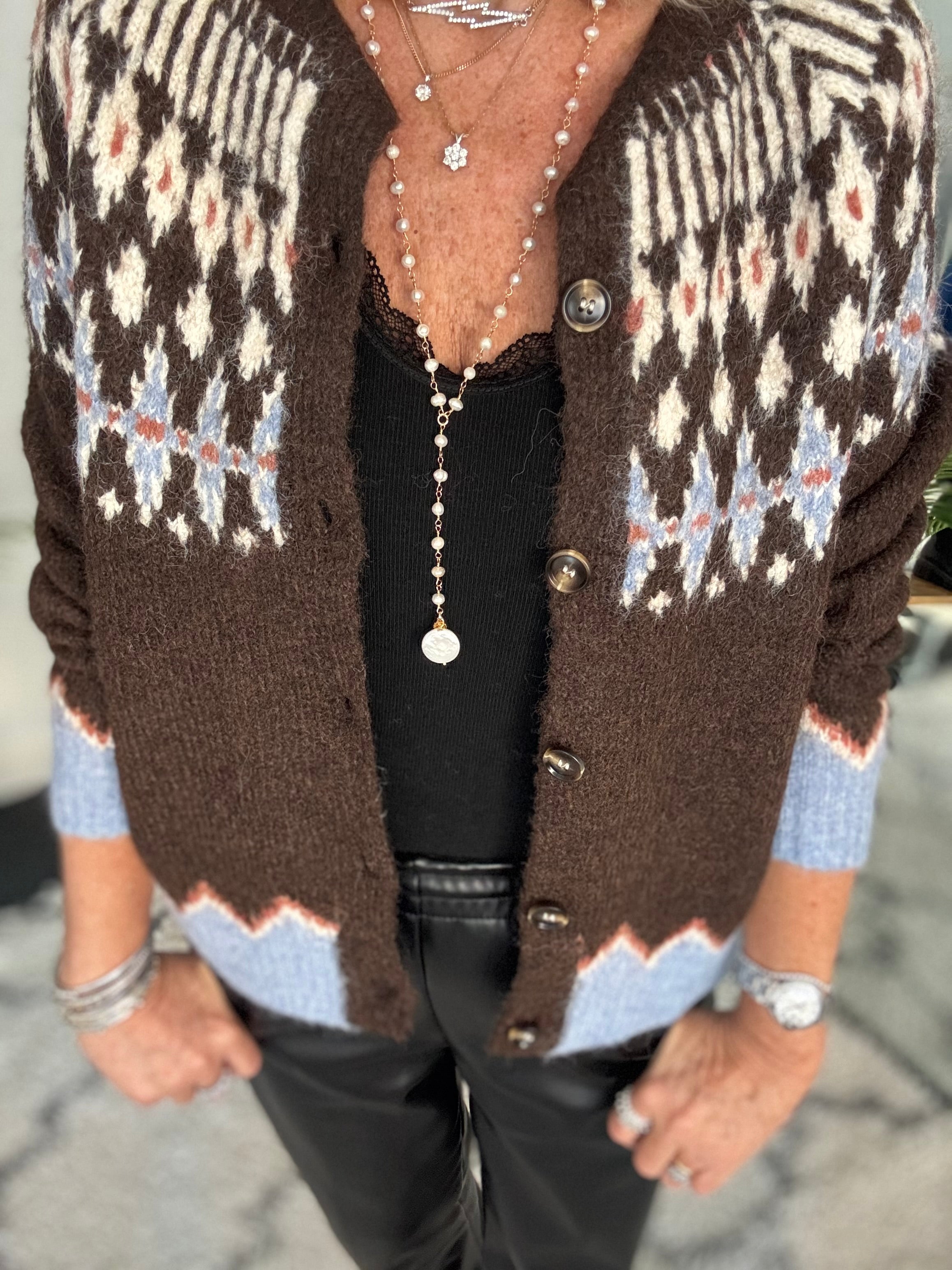 Fair Isle Cardi in Chocolate & Blue