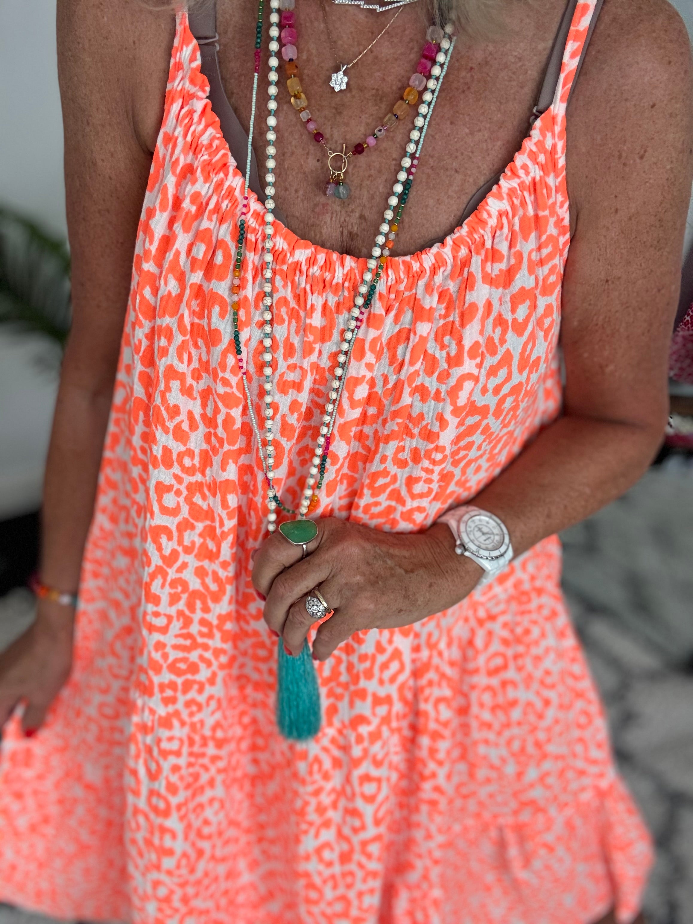 Leopard Cheesecloth Dress in Neon Orange
