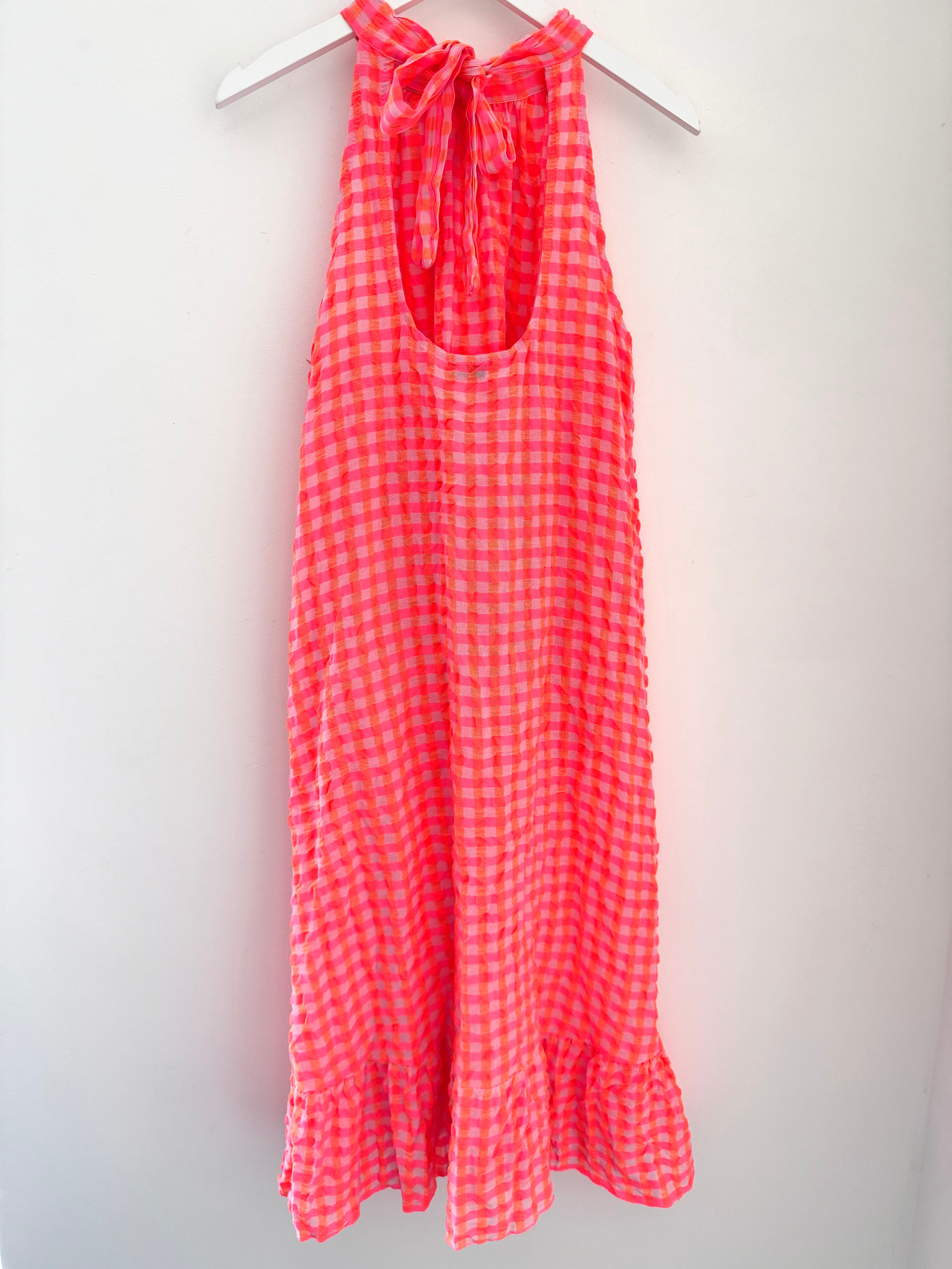 Halterneck Check Dress in Neon Pink & Orange