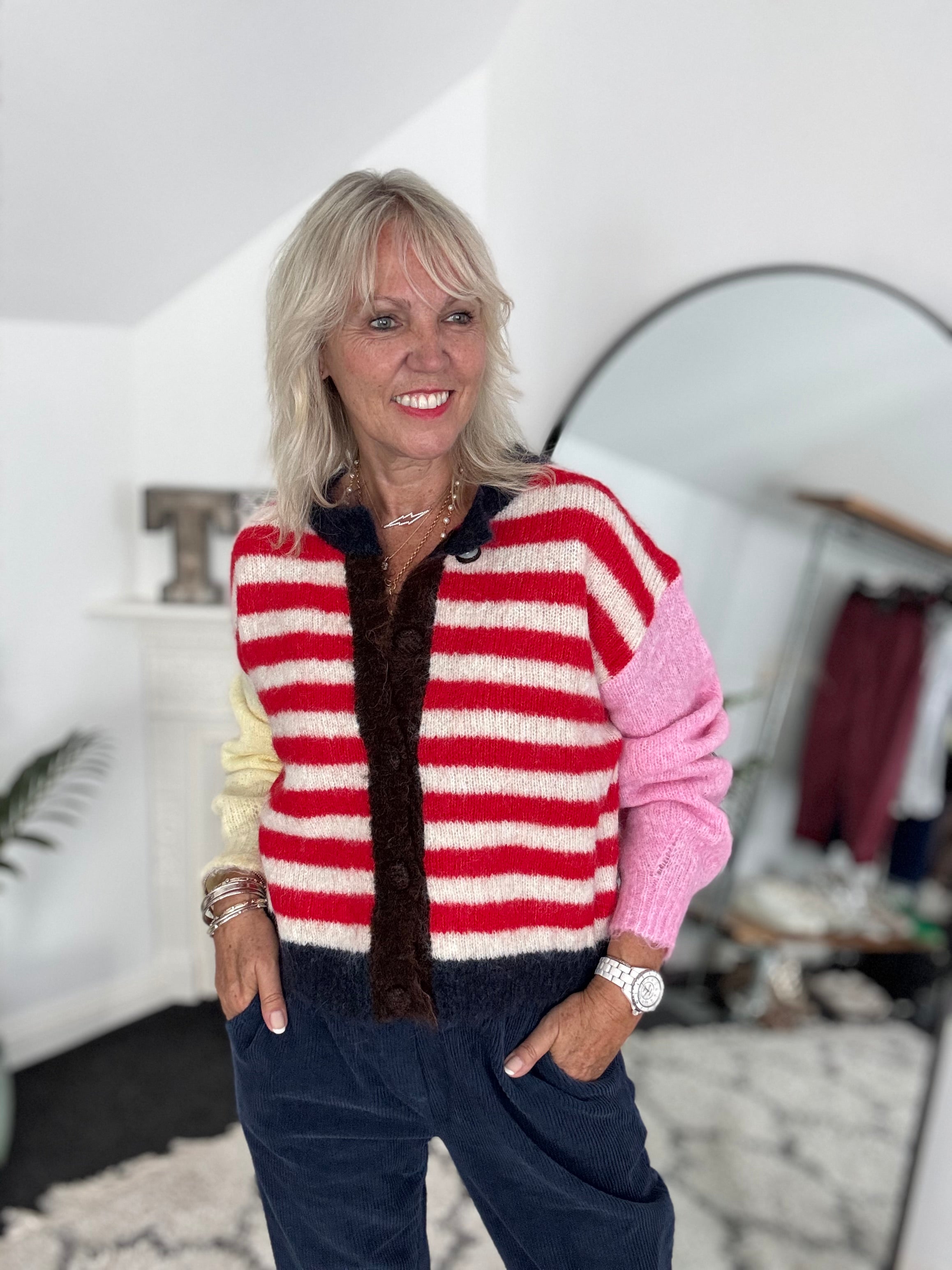 Stripe Mohair Cardi in Red & Yellow