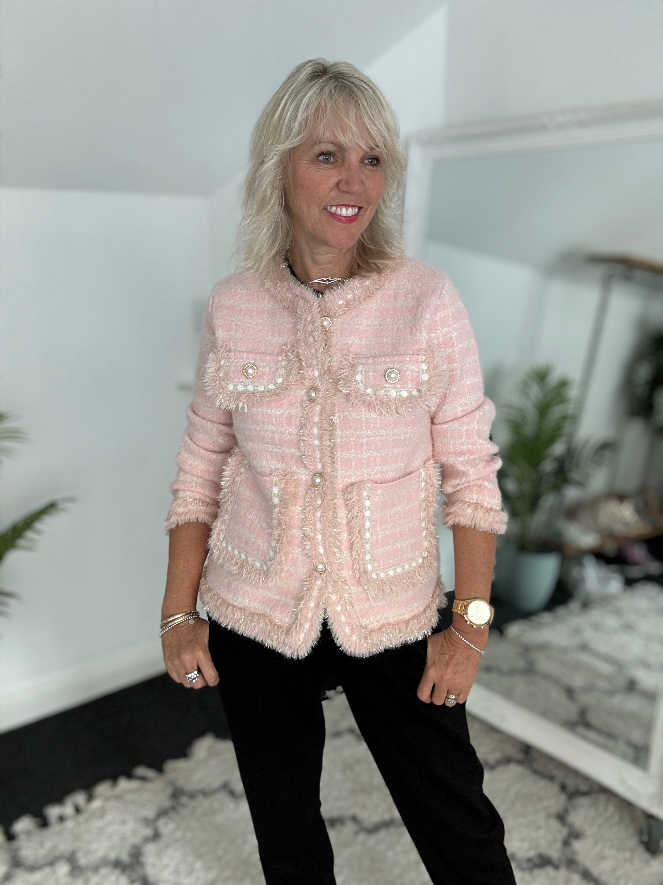 Pearl Button & Tweed Cardi Jacket in Pink