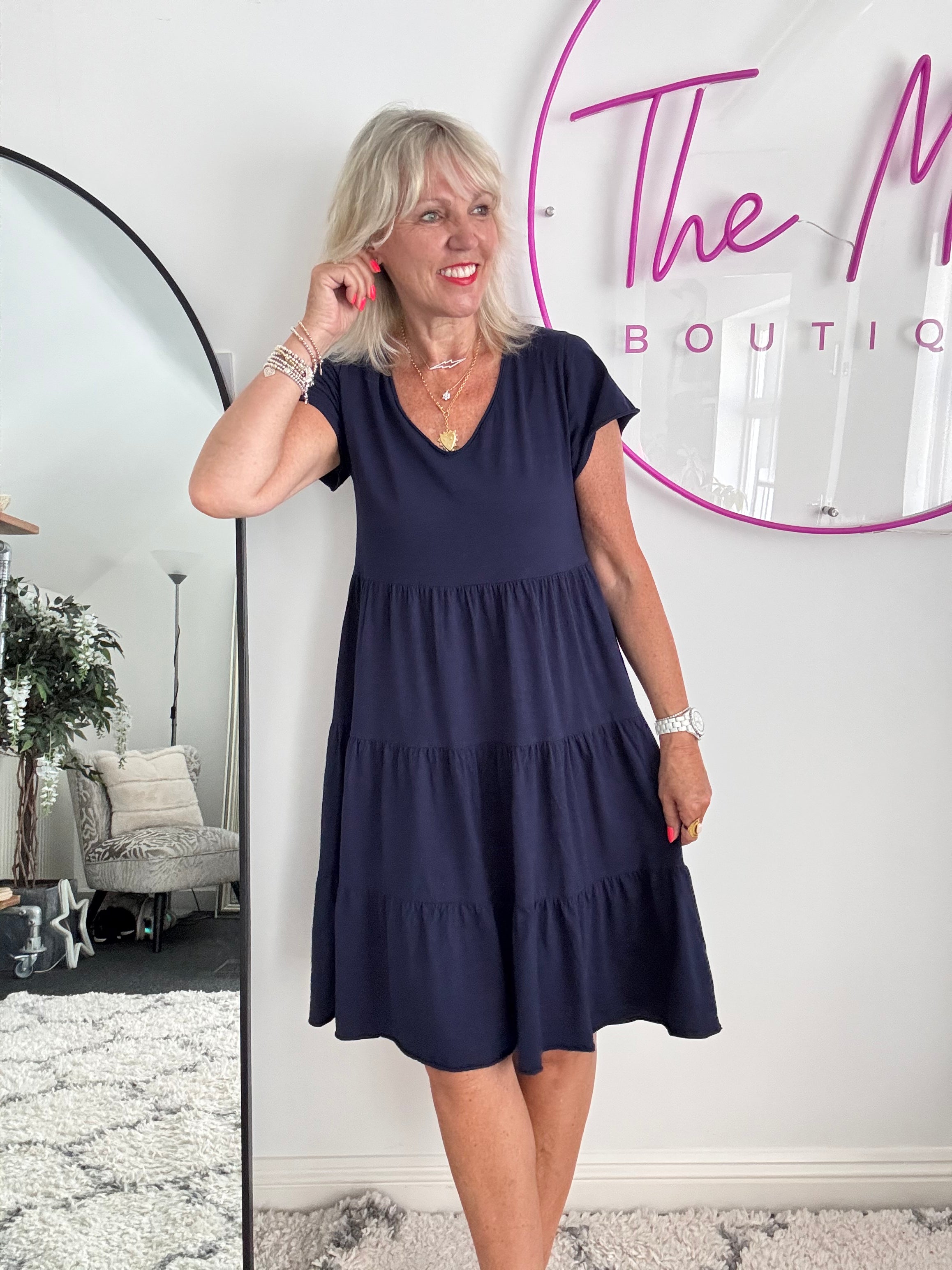 Tiered Cotton Stretch Dress in Navy