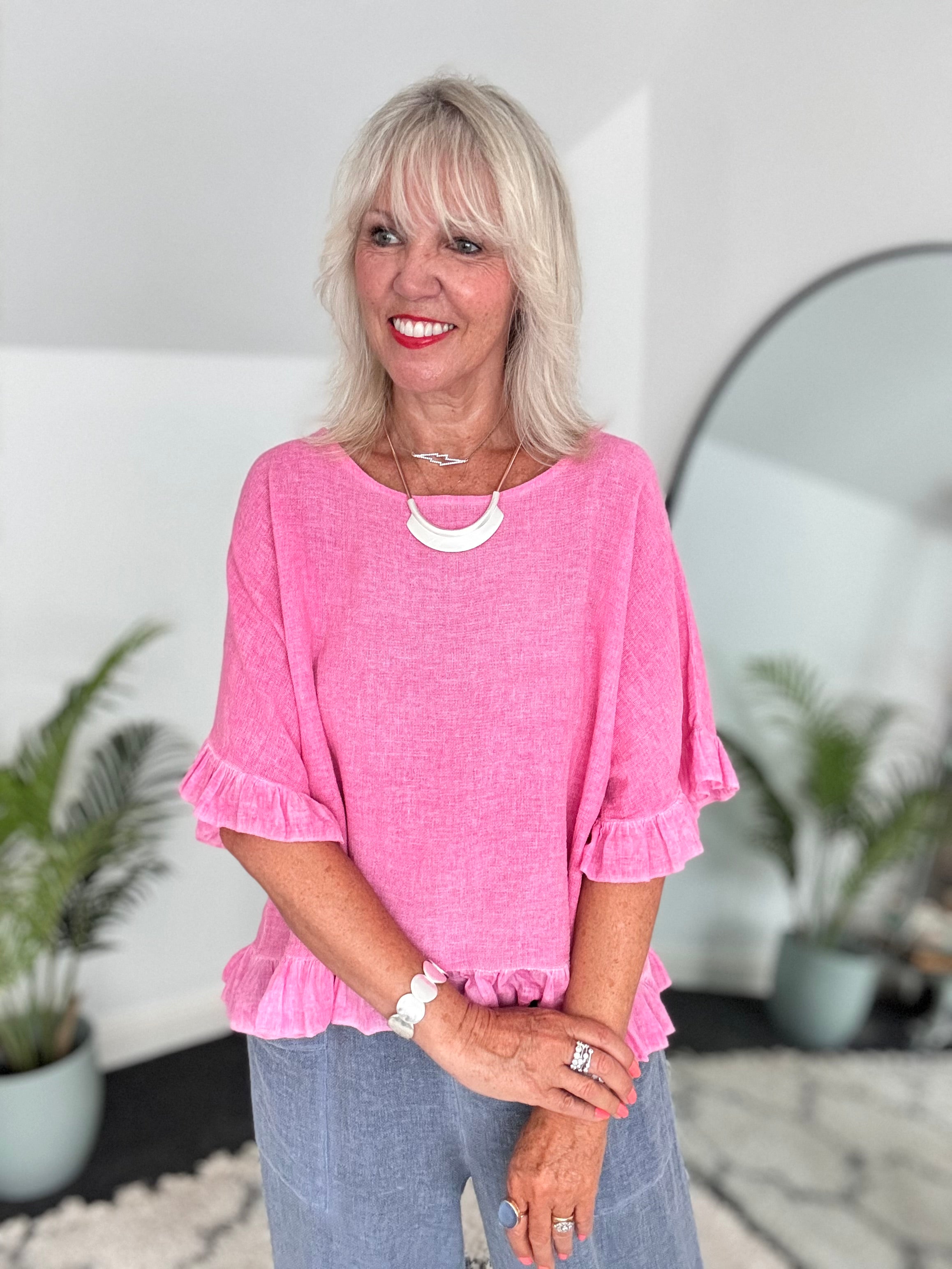 Linen & Cotton Ruffle Edge Top in Candy Pink
