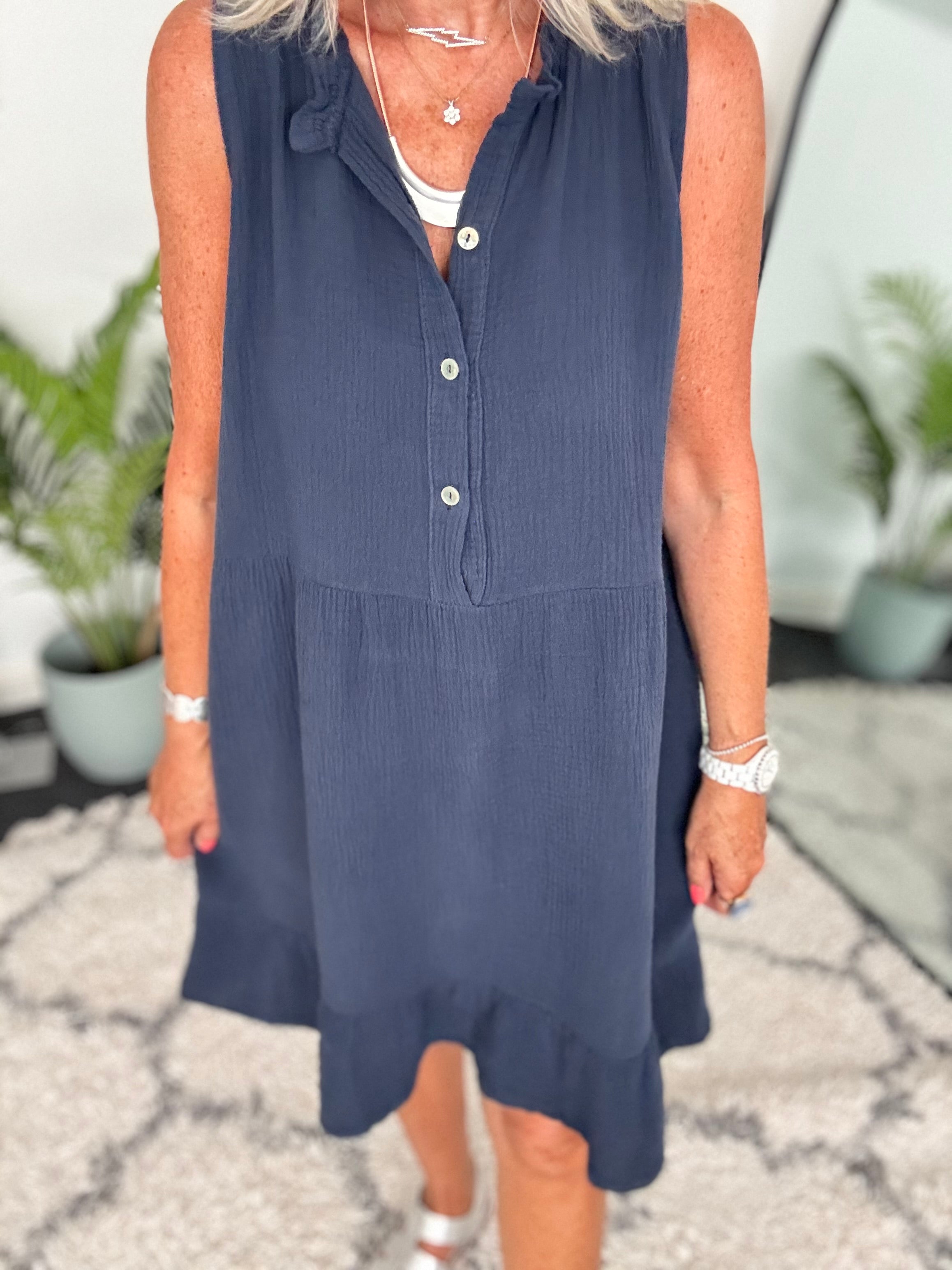 Cheesecloth Dress with Button Front in Navy