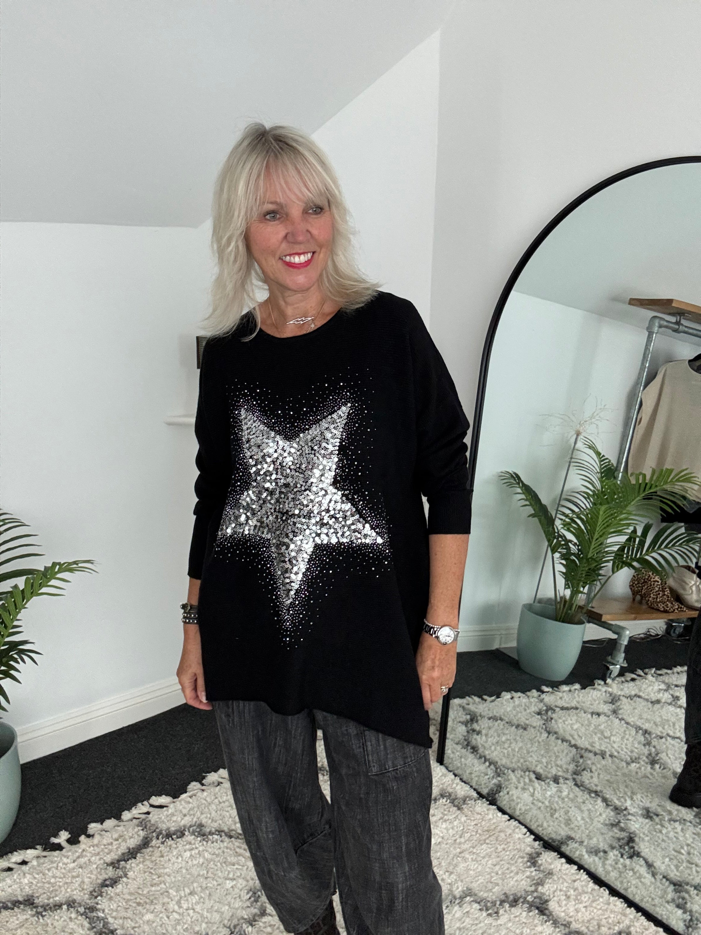 Ribbed Sequin Star Jumper in Black