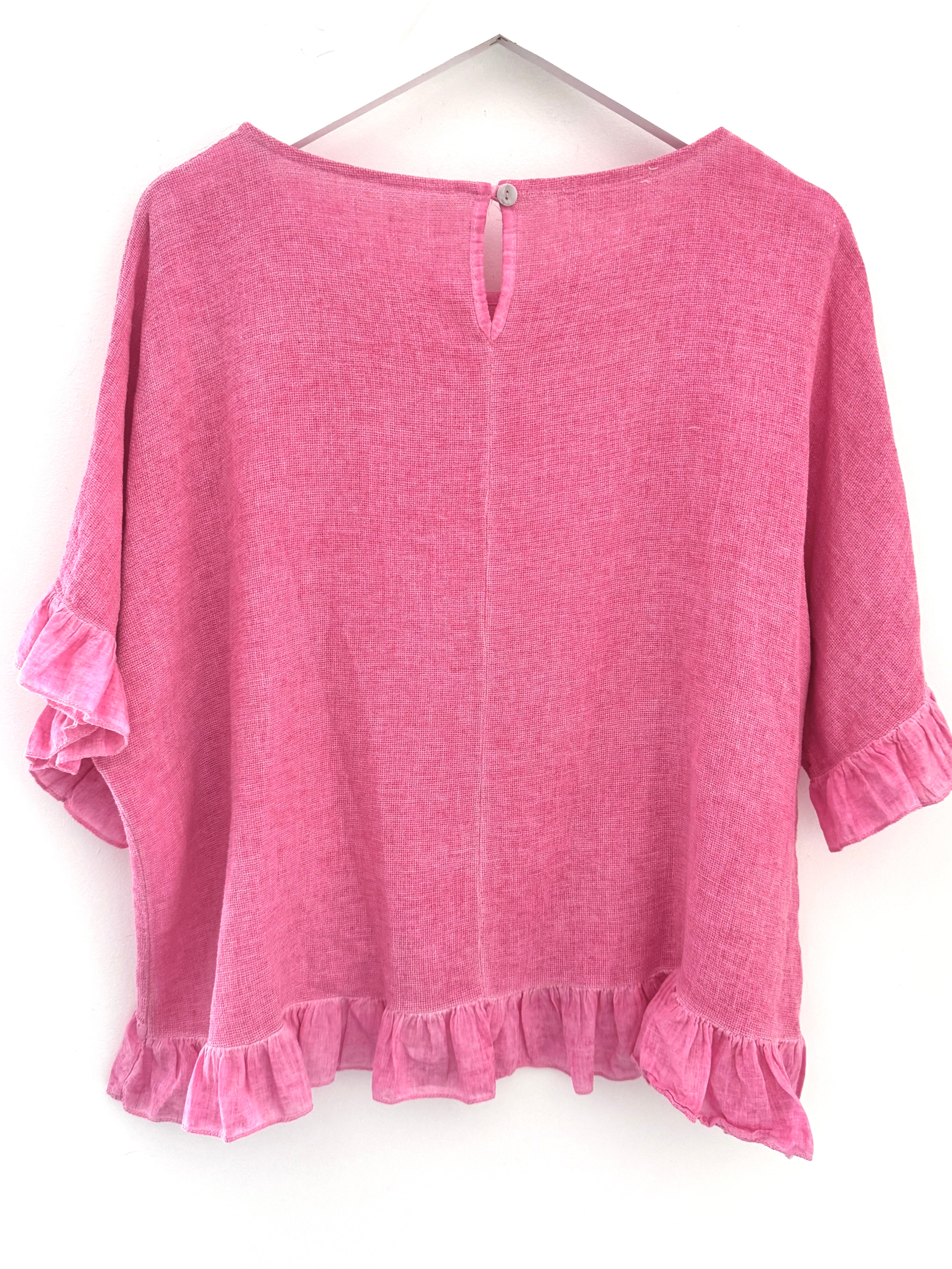 Linen & Cotton Ruffle Edge Top in Candy Pink