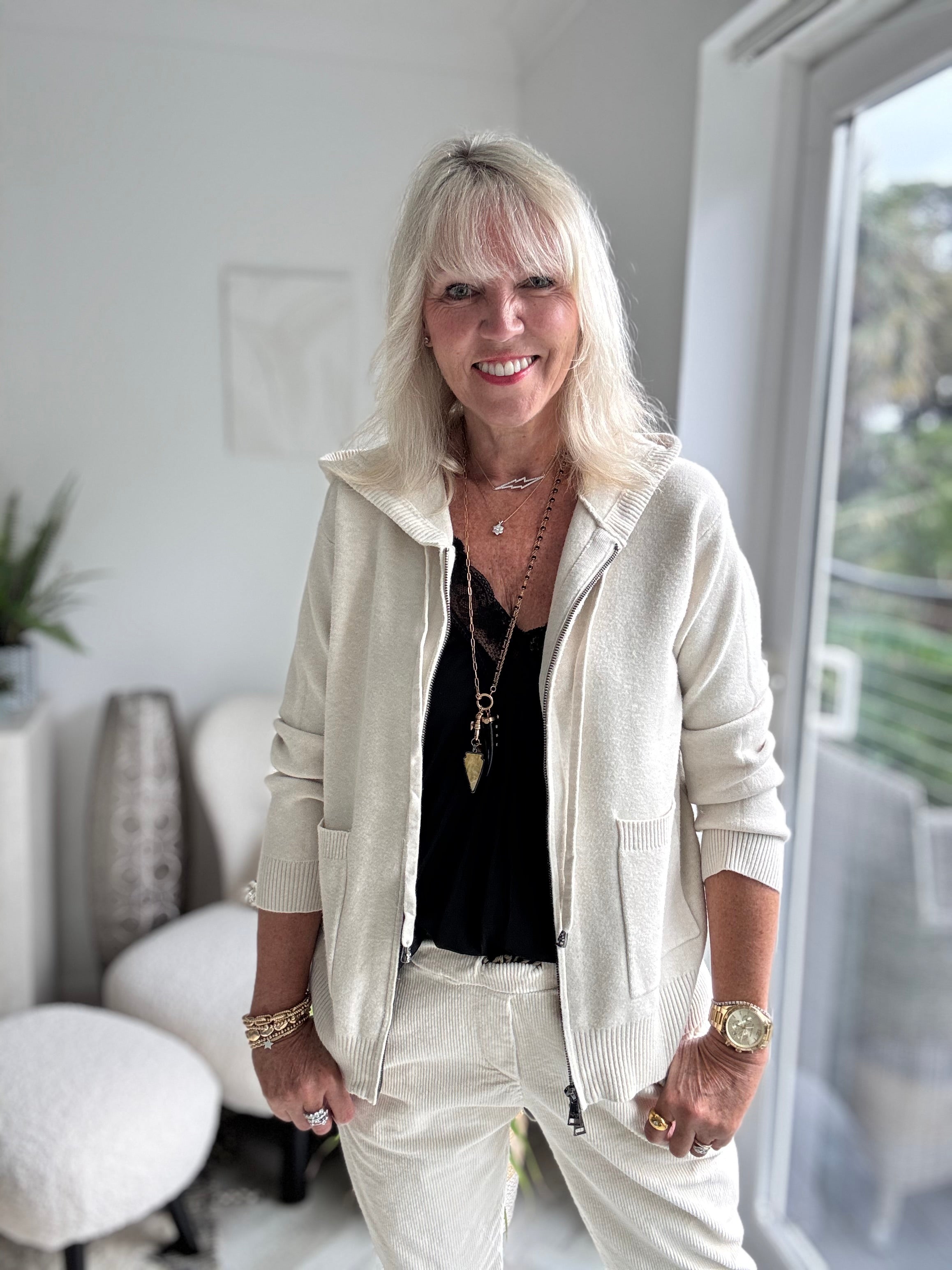 Soft Hooded Zipped Jumper in Ecru