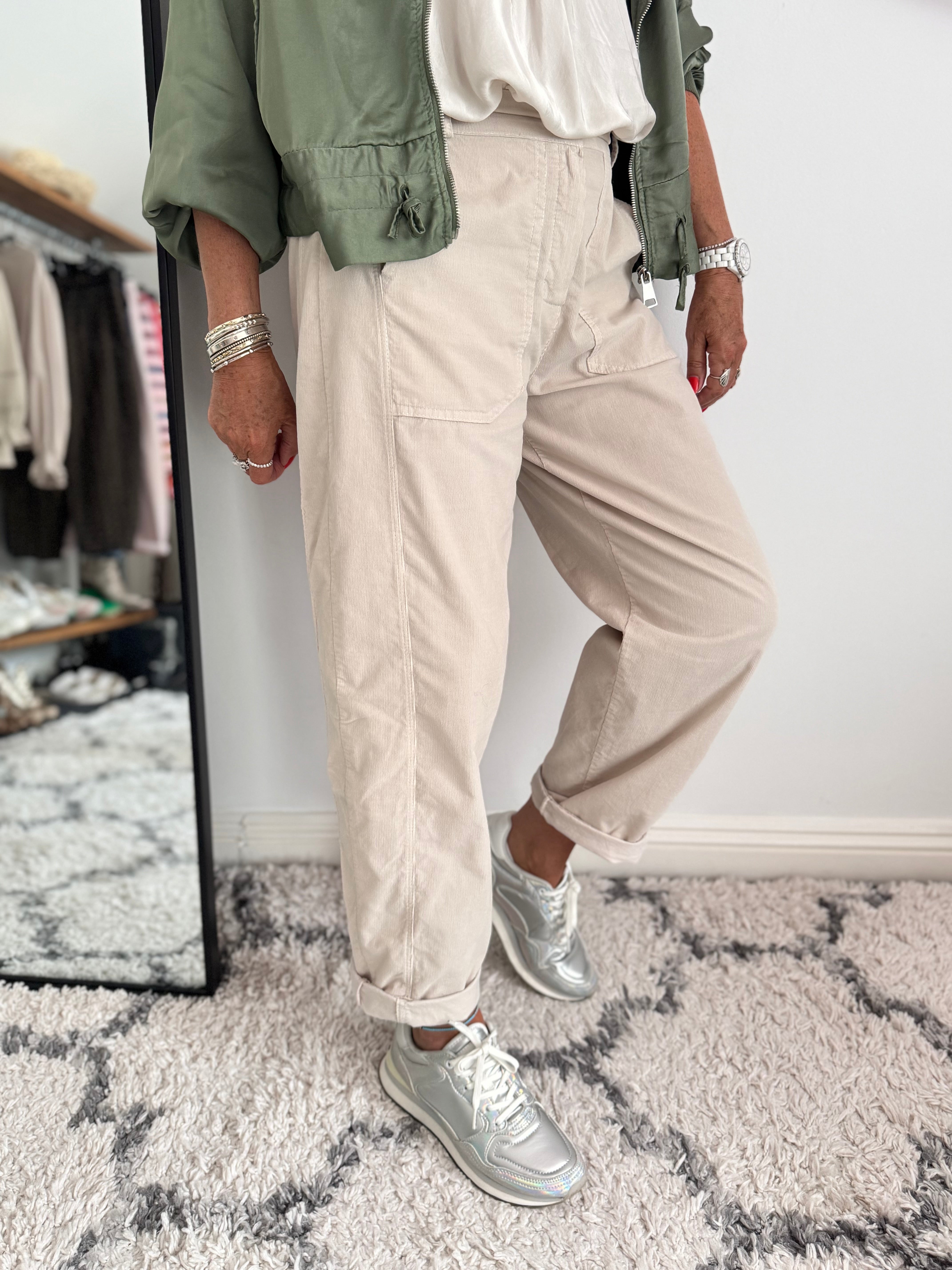 Soft Needlecord Barrel Trousers in Stone