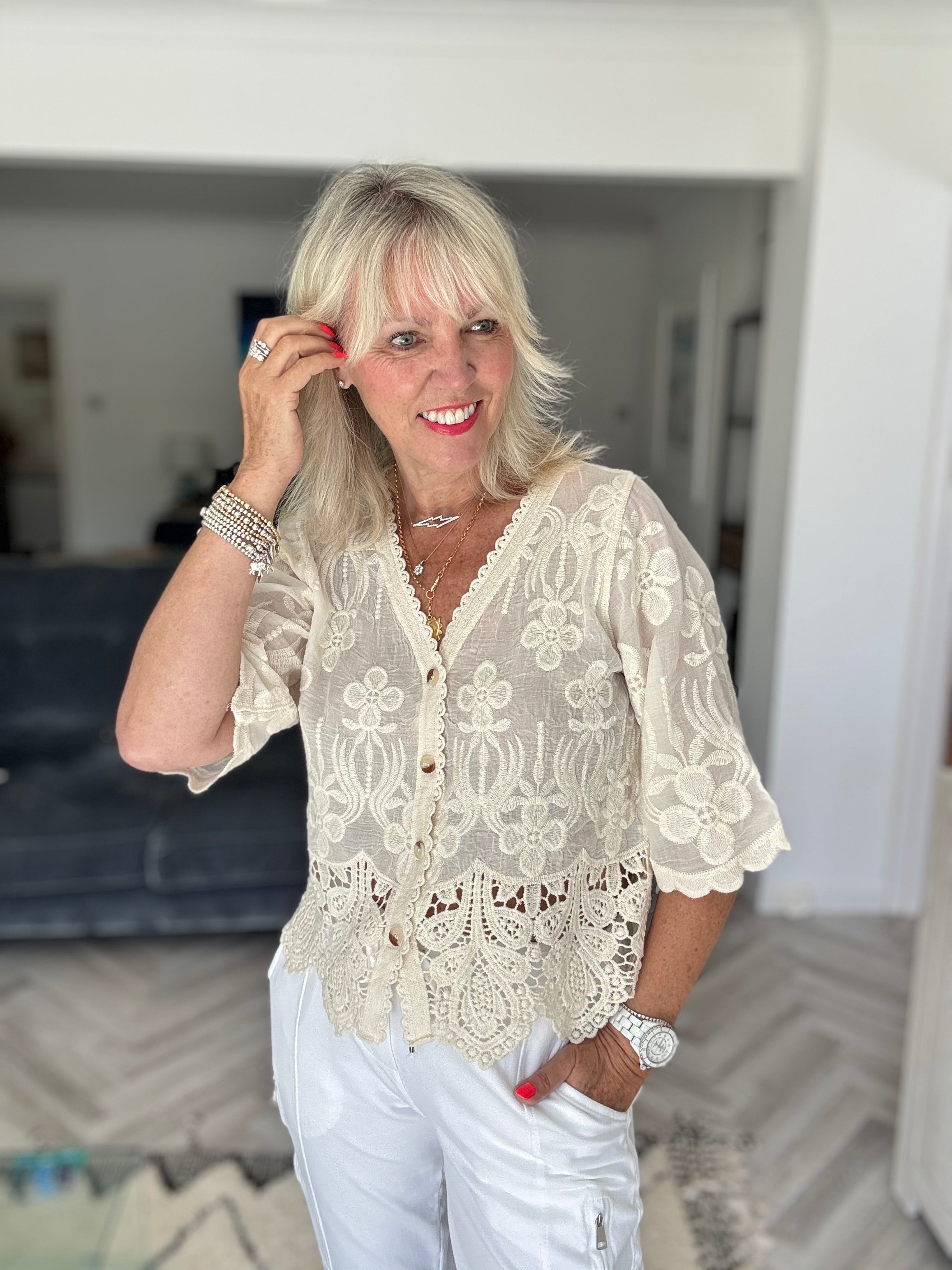 Embroidered Lace Top in Ecru