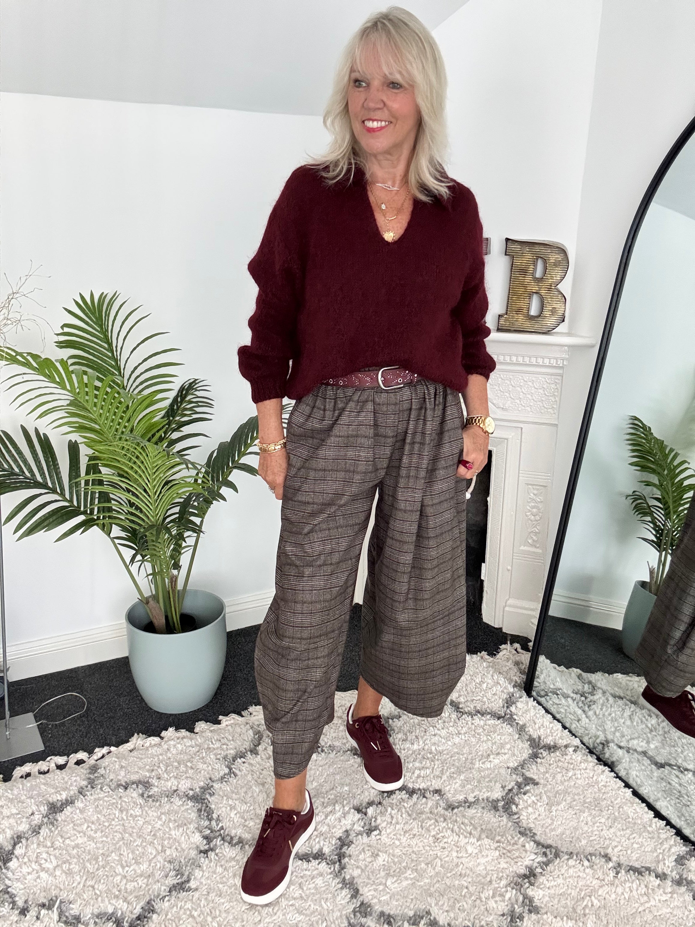 Wide Leg Check Trousers in Chocolate