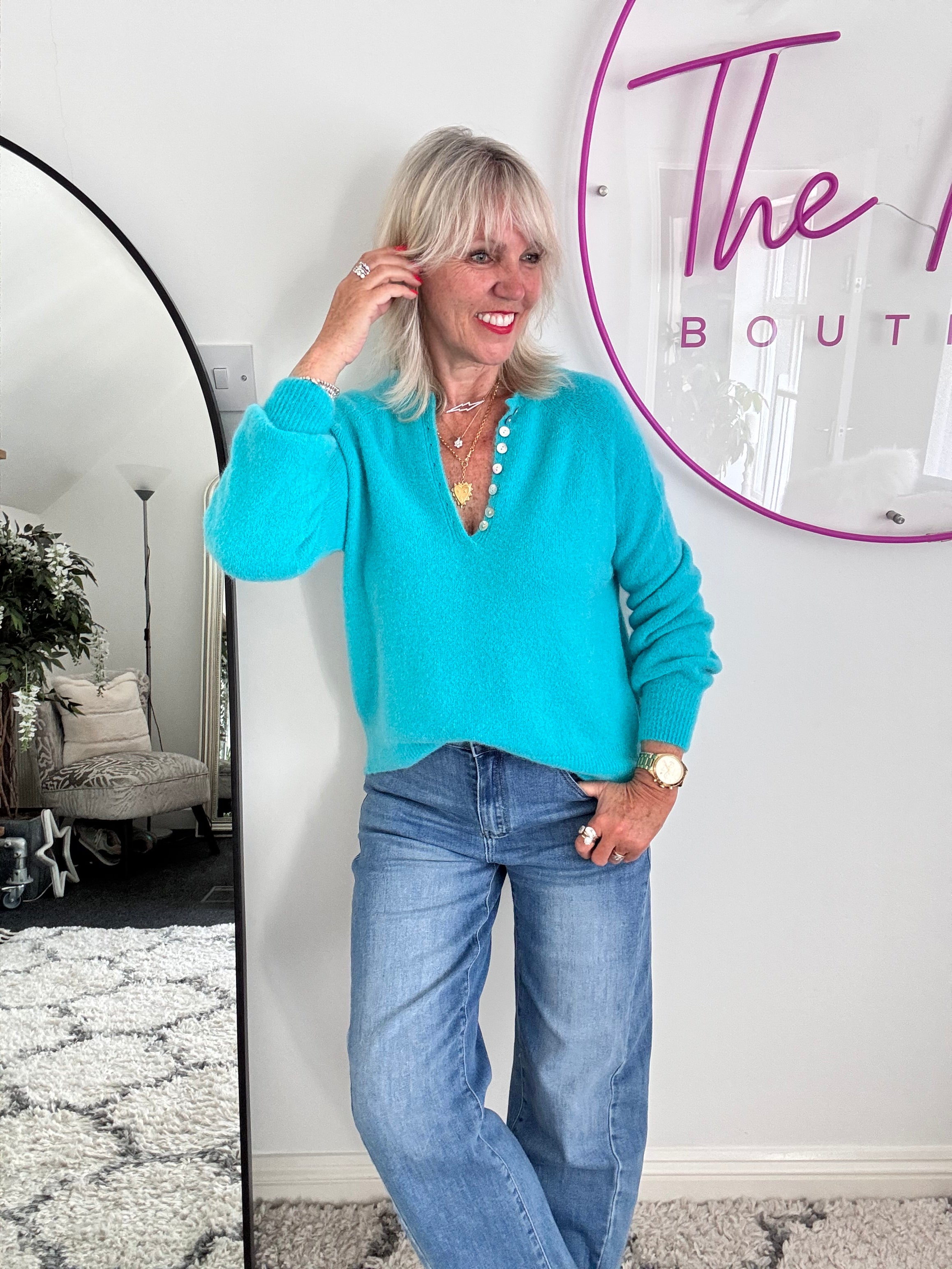 Softie Jumper with Button Neck in Turquoise