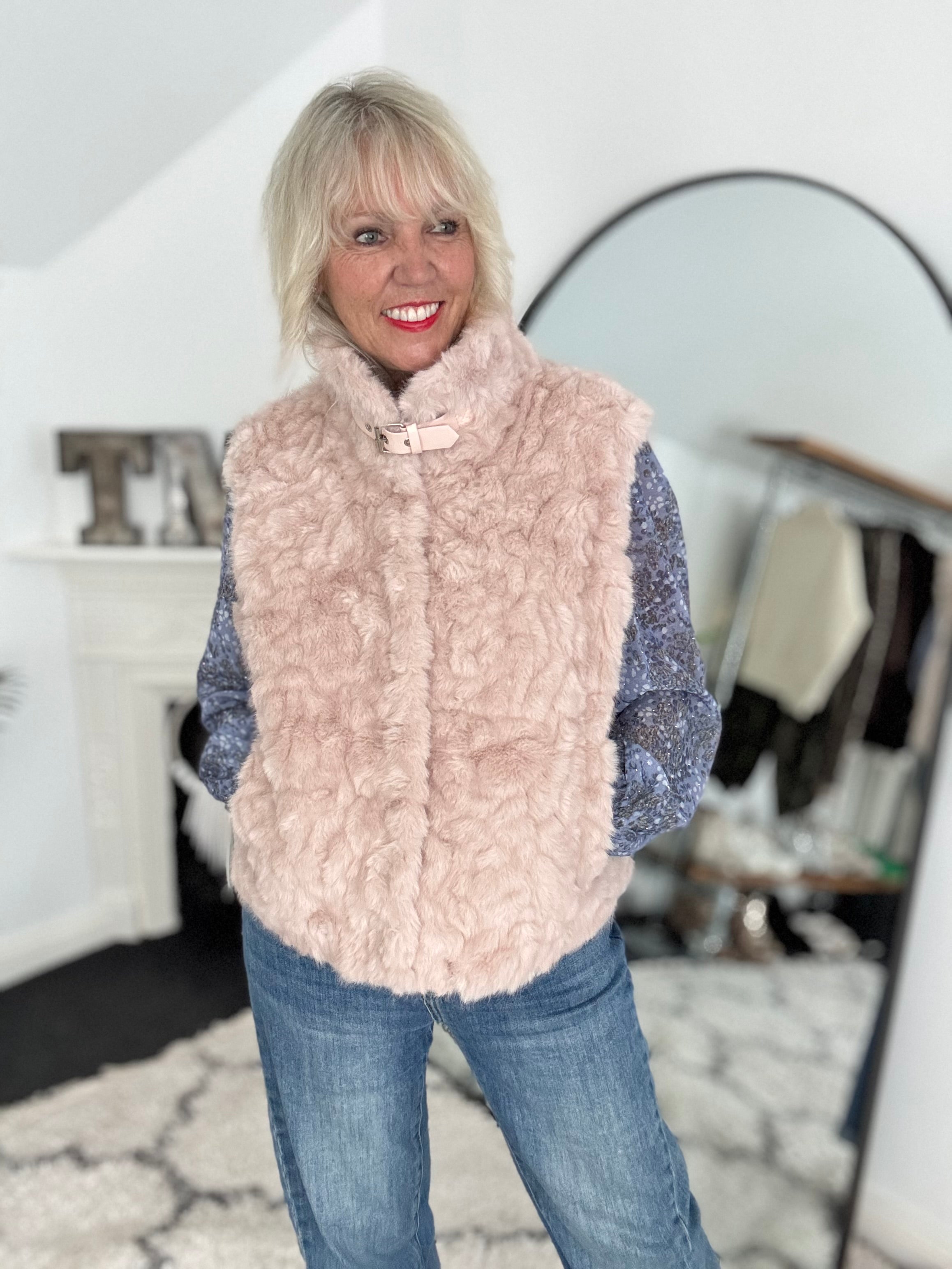 Designer Faux Fur Gilet in Blush
