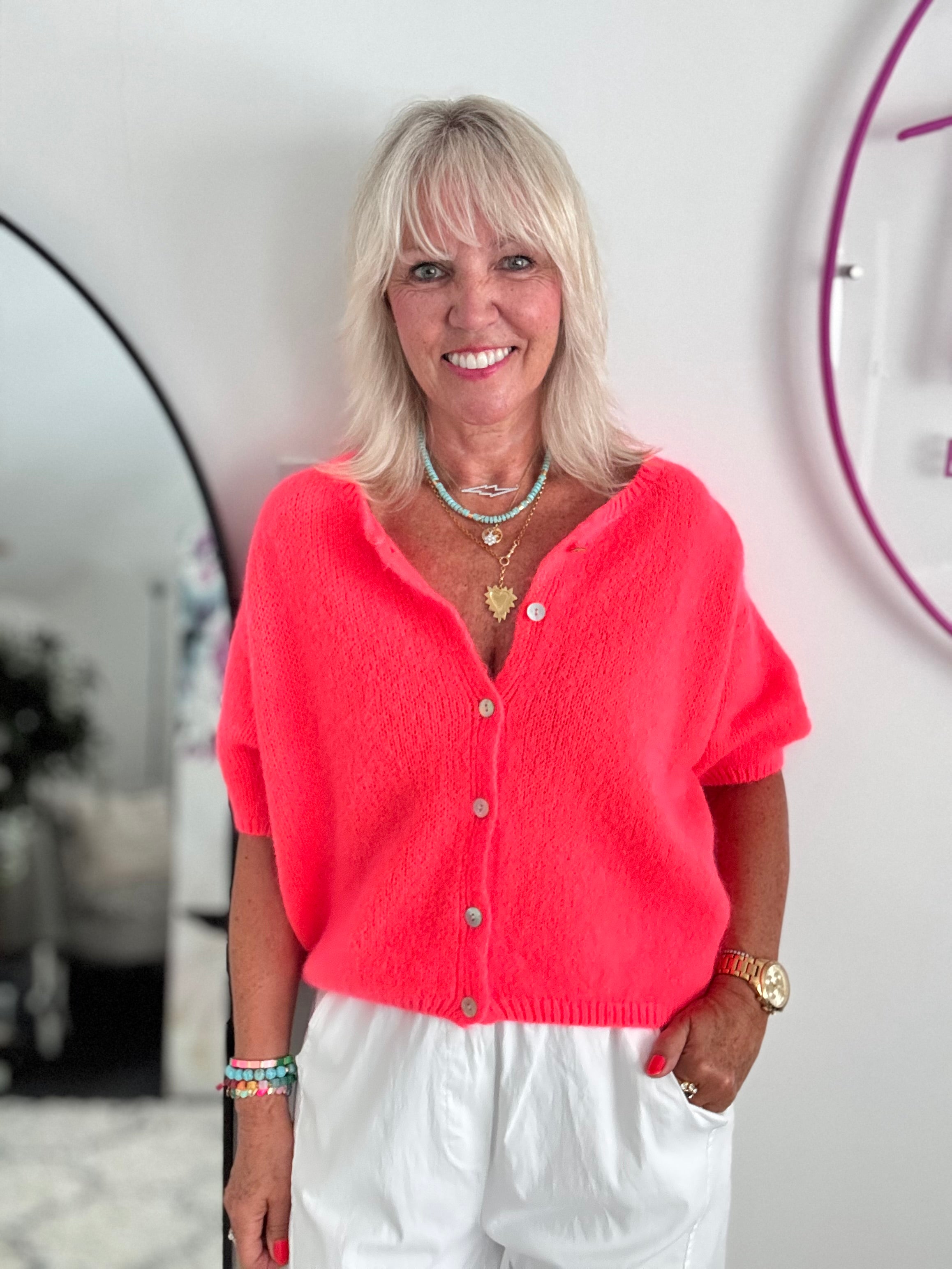 Super Soft Short Sleeve Cardi in Neon Coral