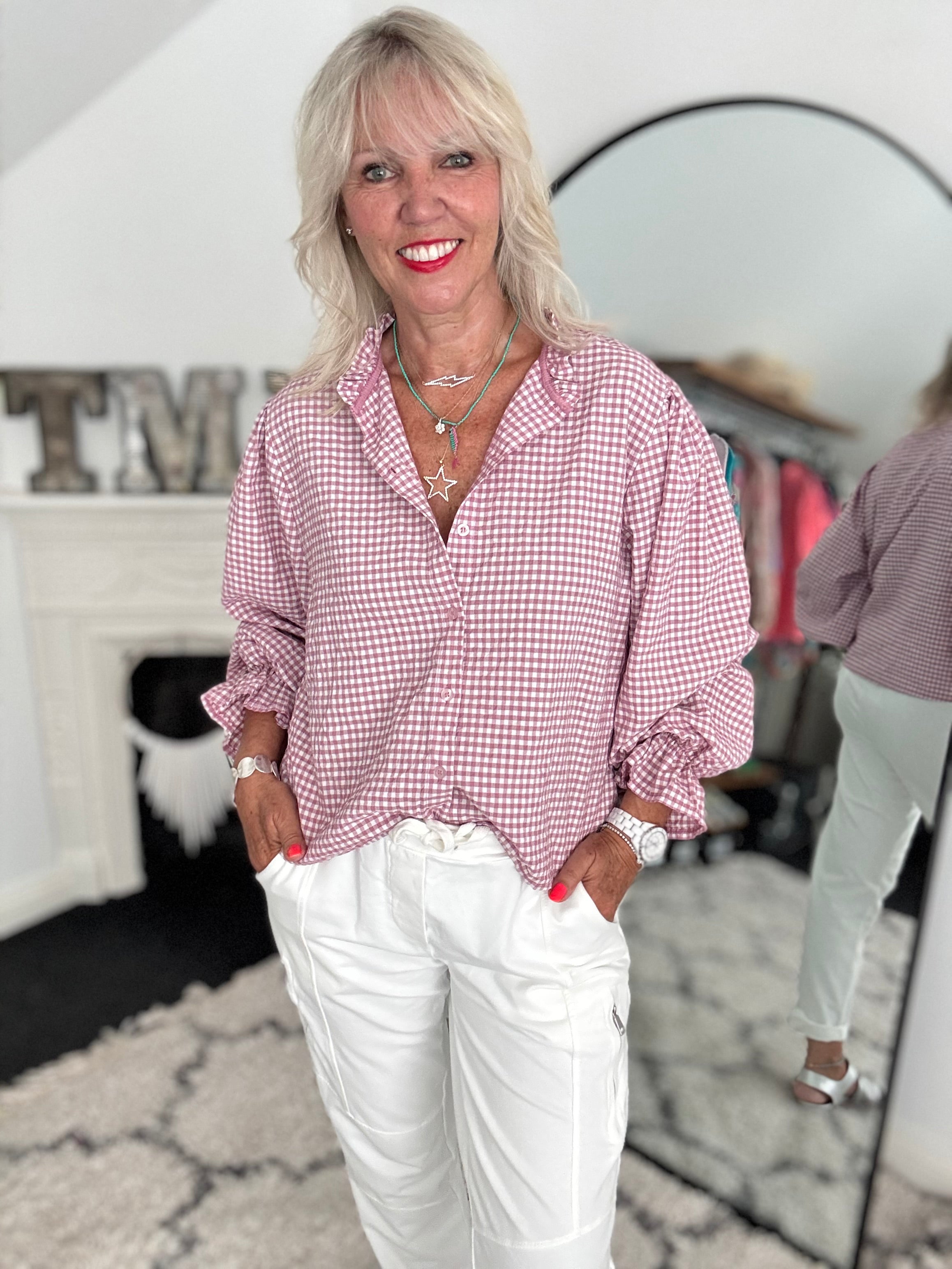 Gingham Seersucker Shirt in Rose Pink