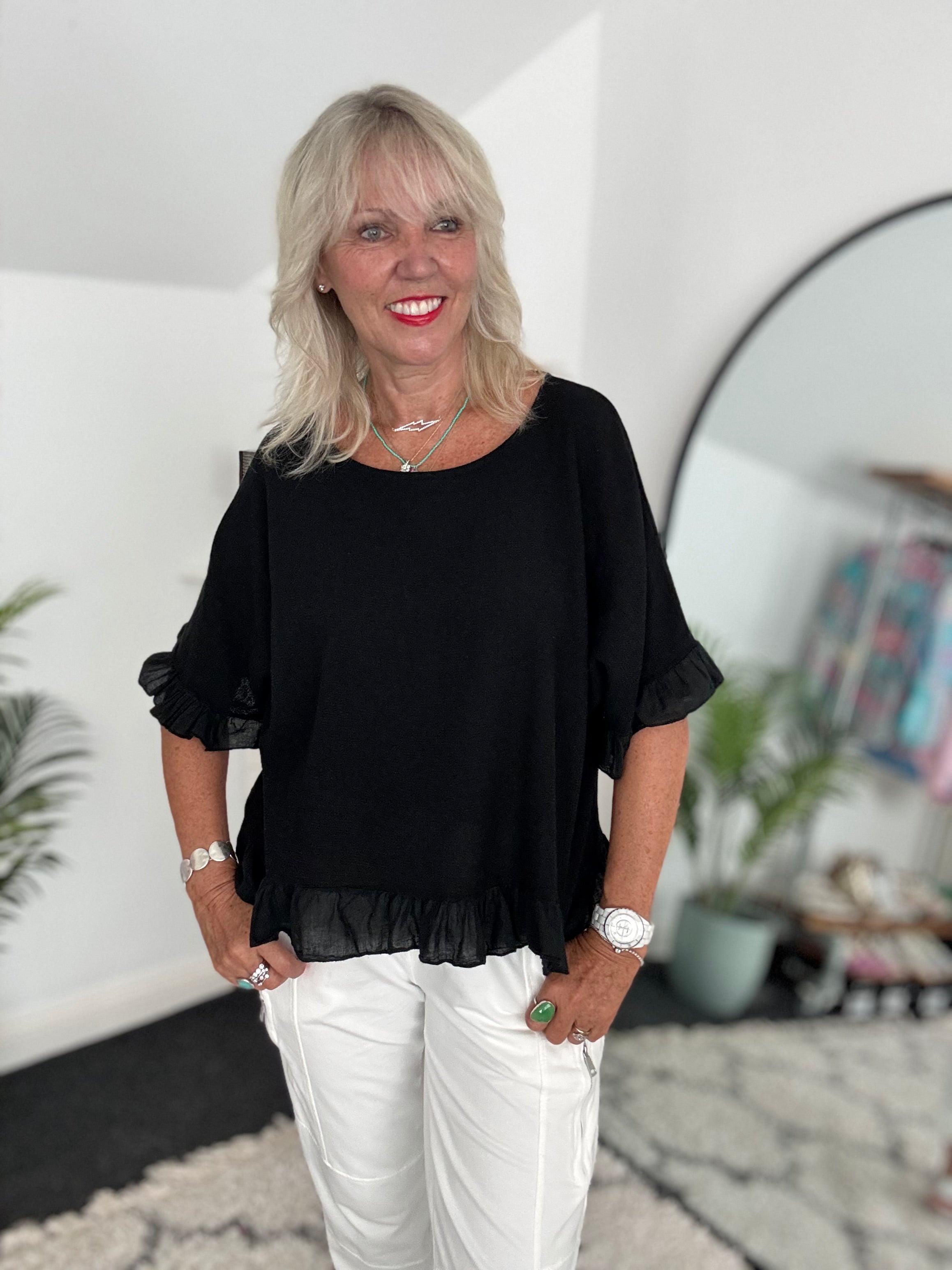 Linen & Cotton Ruffle Edge Top in Black