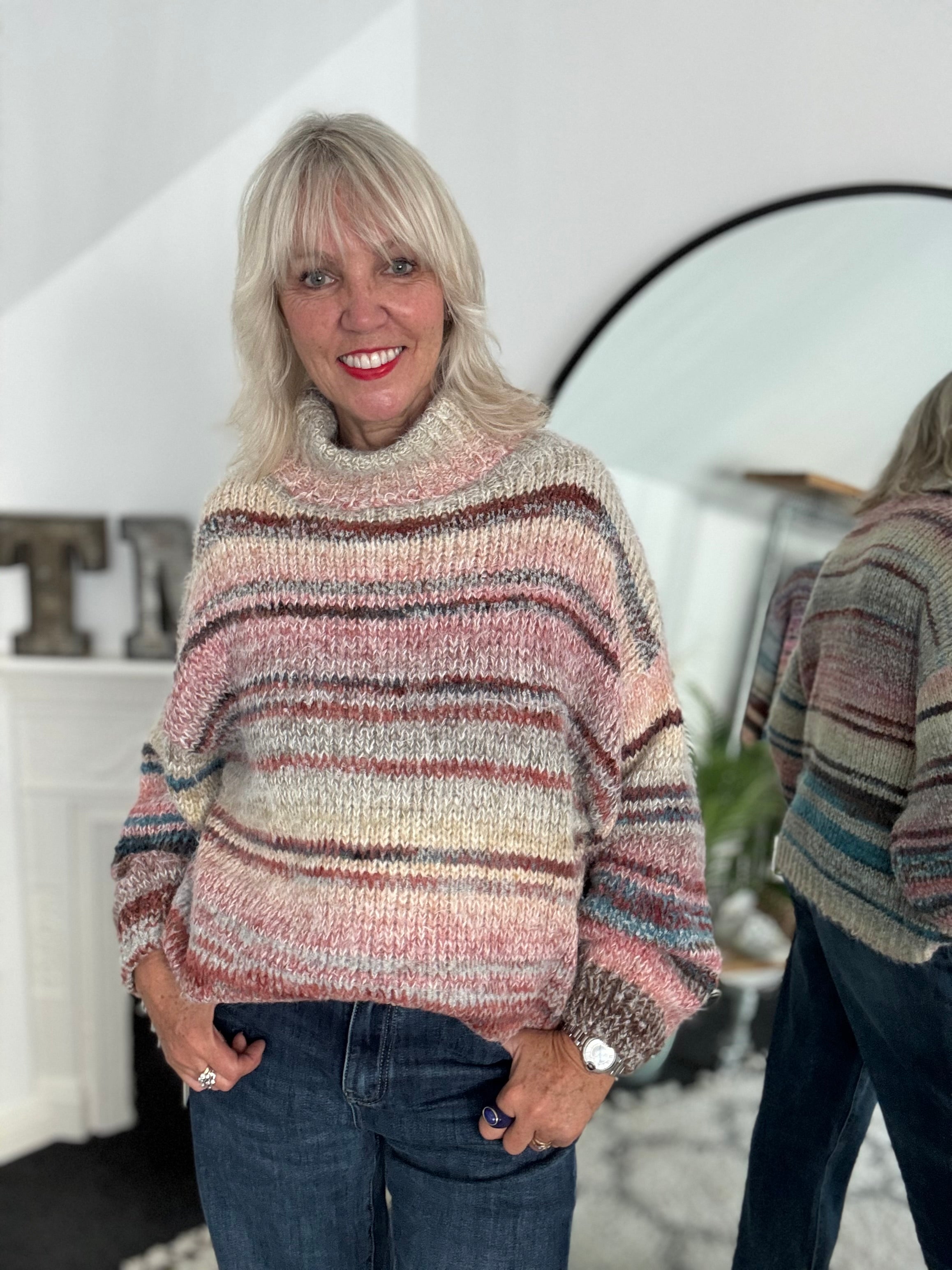Oversized Stripe Roll Neck Jumper in Pink & Mocha