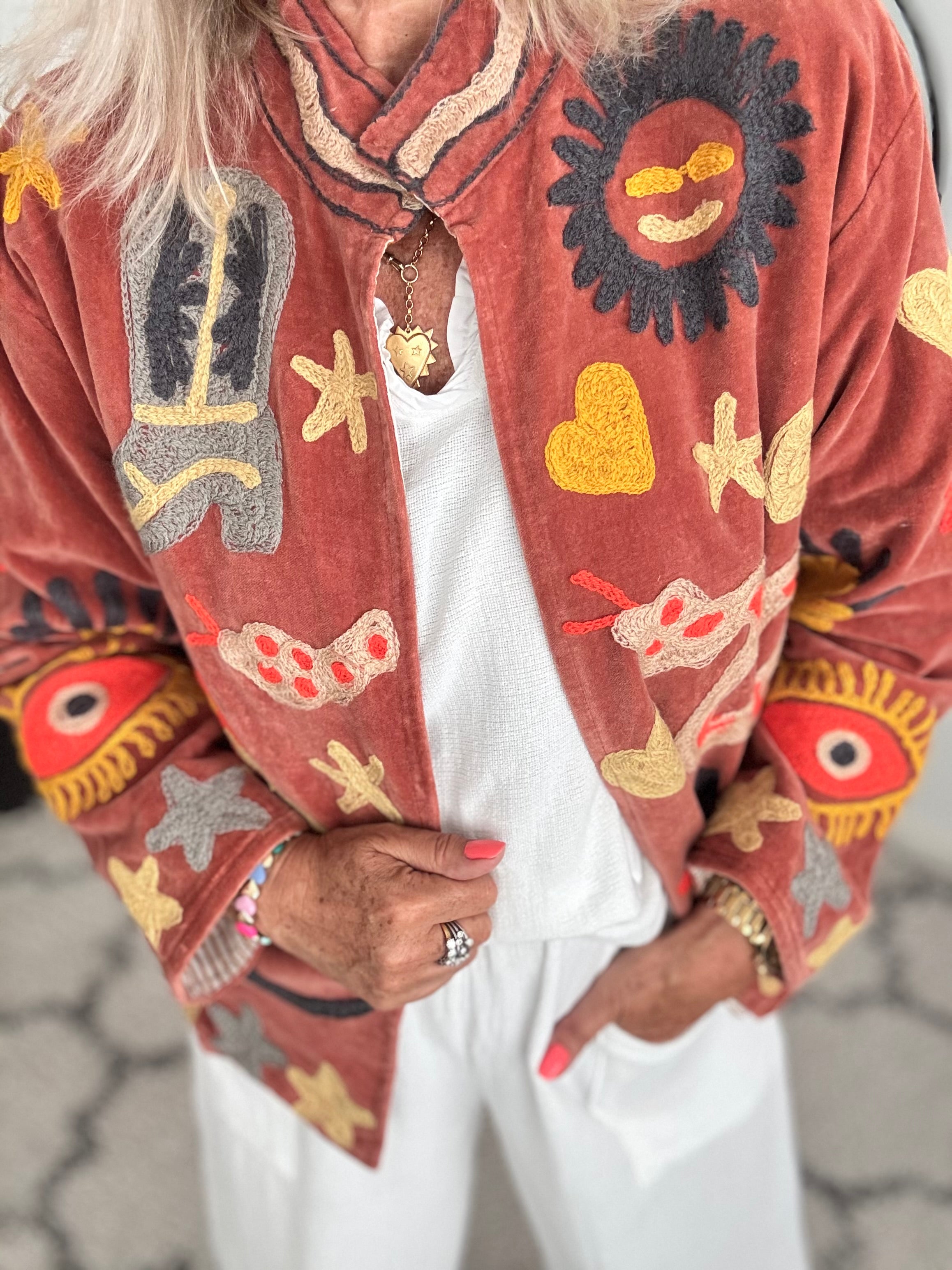 Artisan Velvet Jacket with Appliqued Folk Art in Sienna