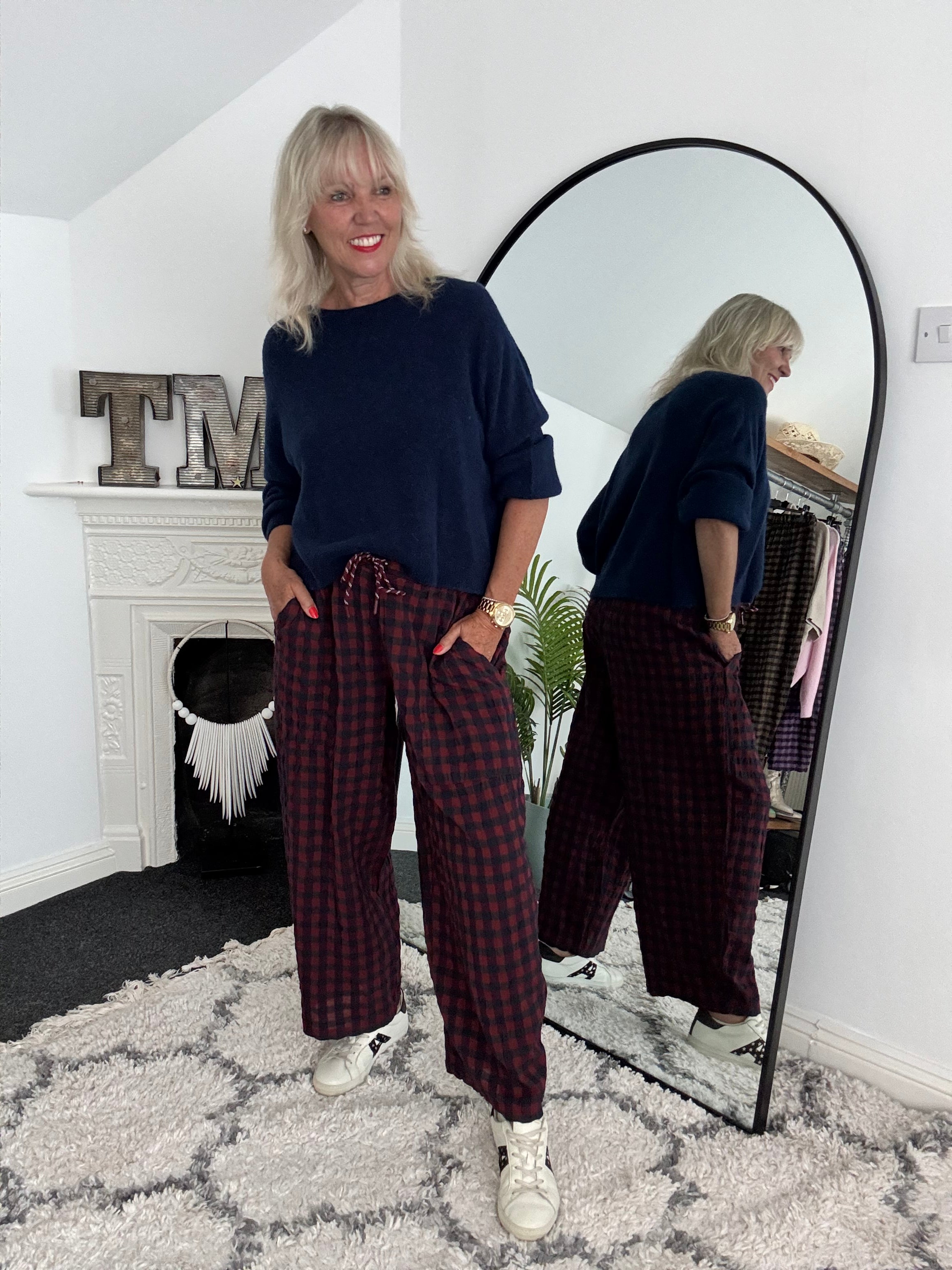 Barrel Check Trousers in Berry & Navy