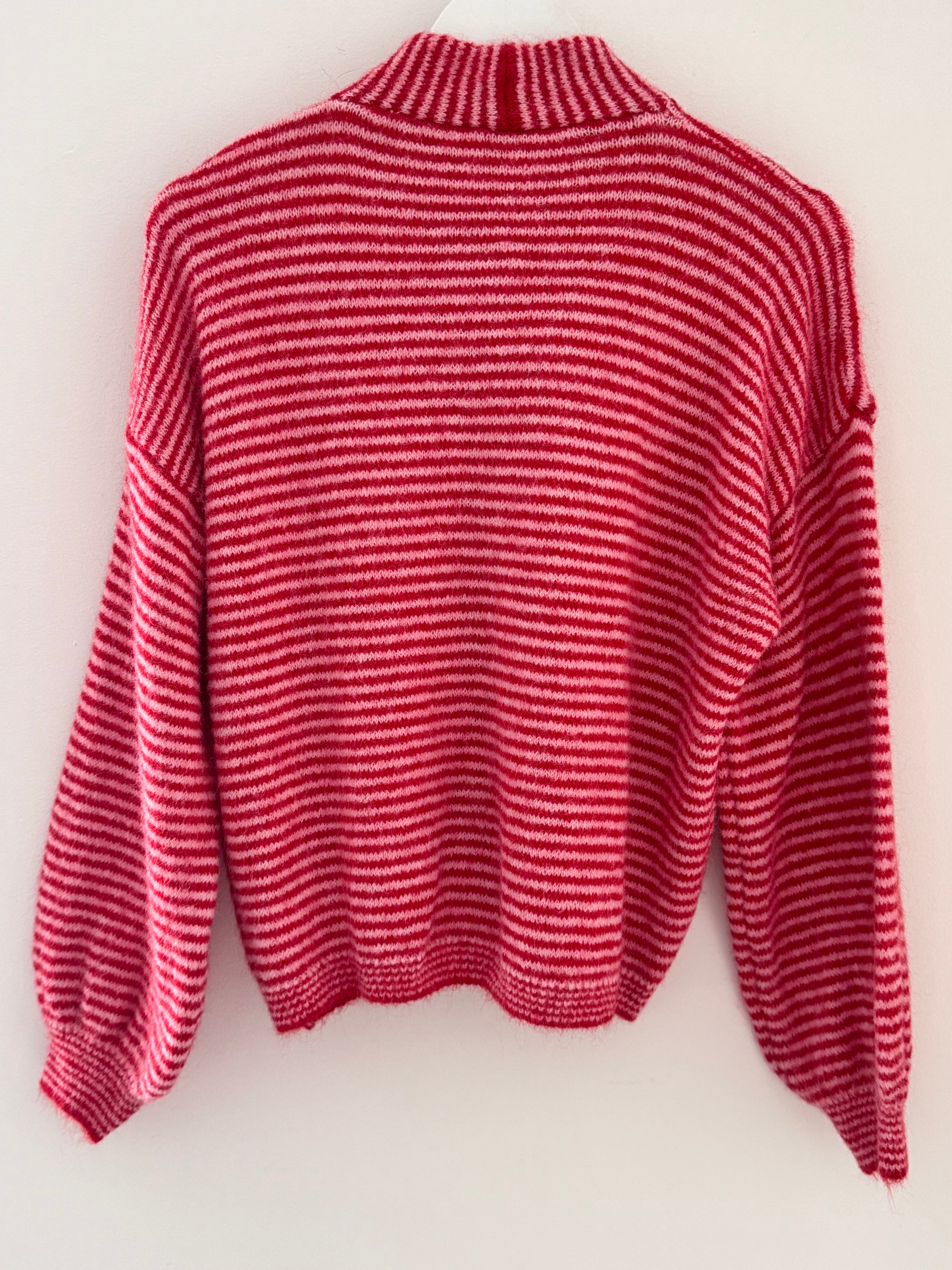 Neck Tie Stripe Cardi in Pink & Red