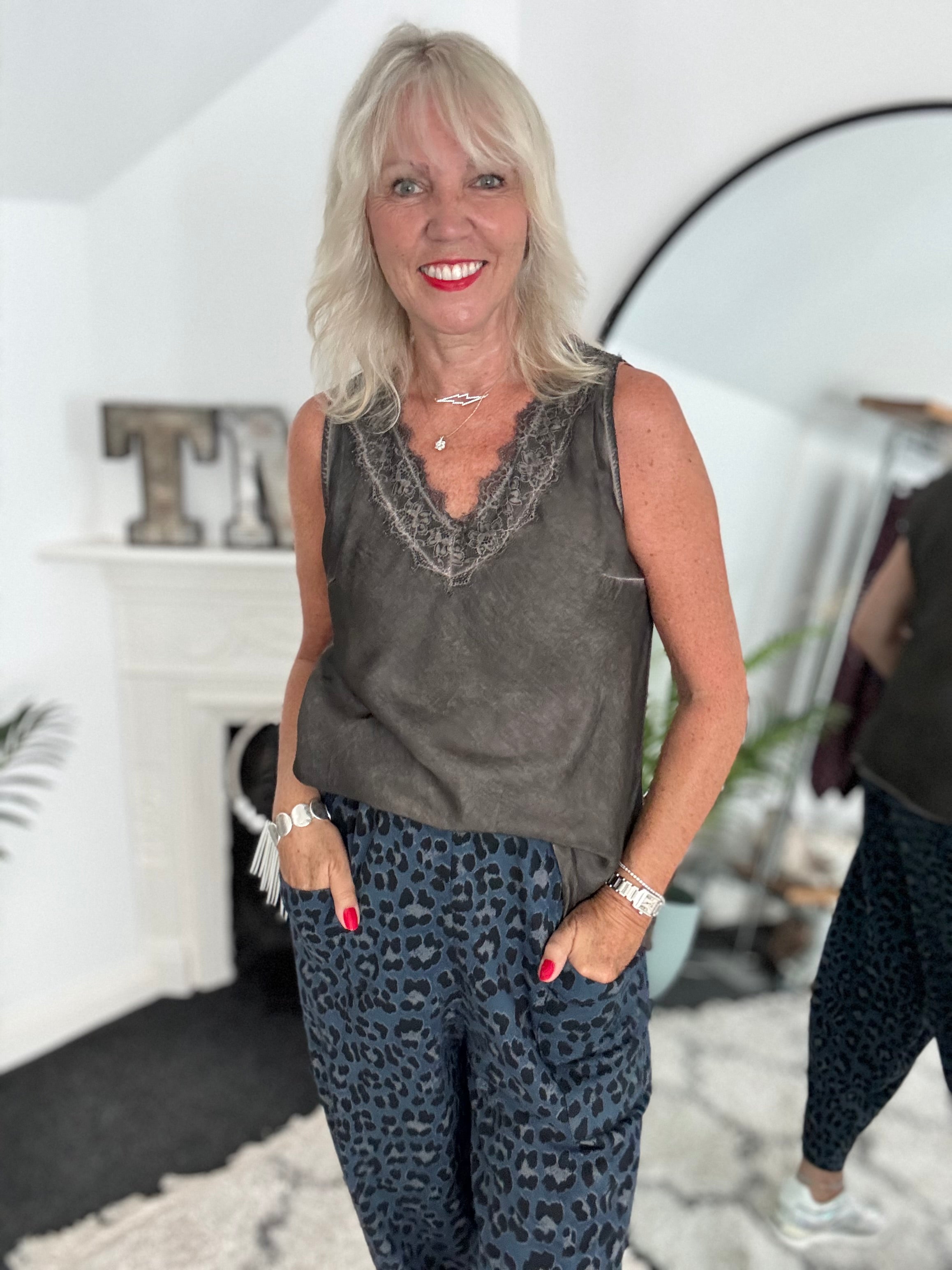 Lace Trim Silk Top in Cocoa
