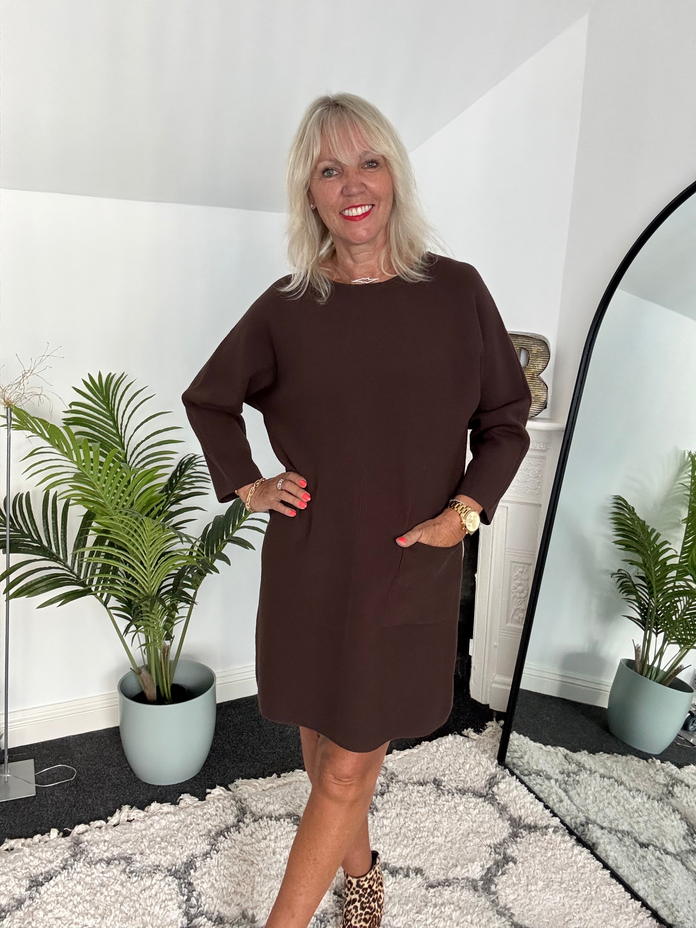 Luxe Knitted Pocket Dress in Chocolate