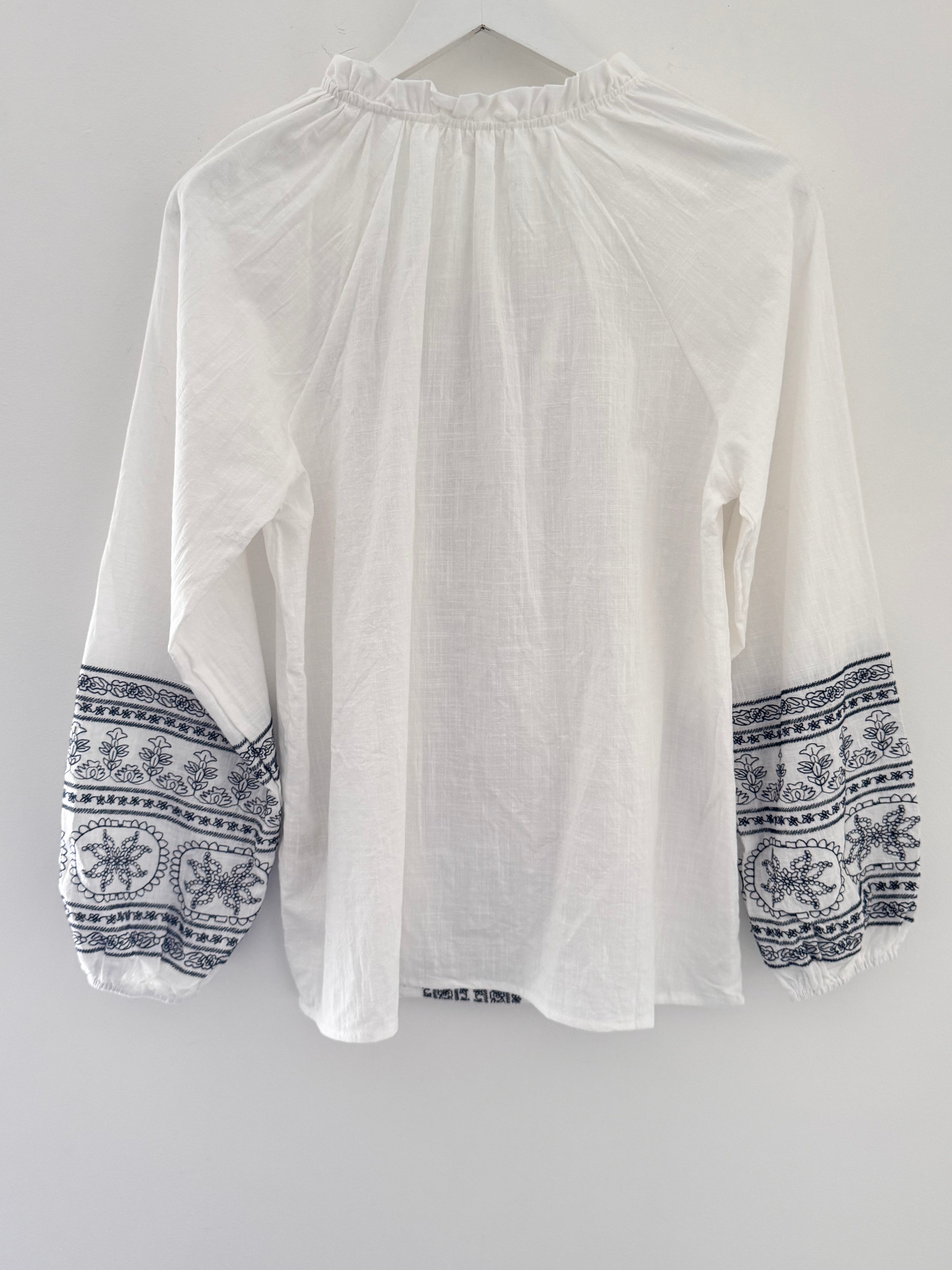 Embroidered Cotton Blouse in White & Navy