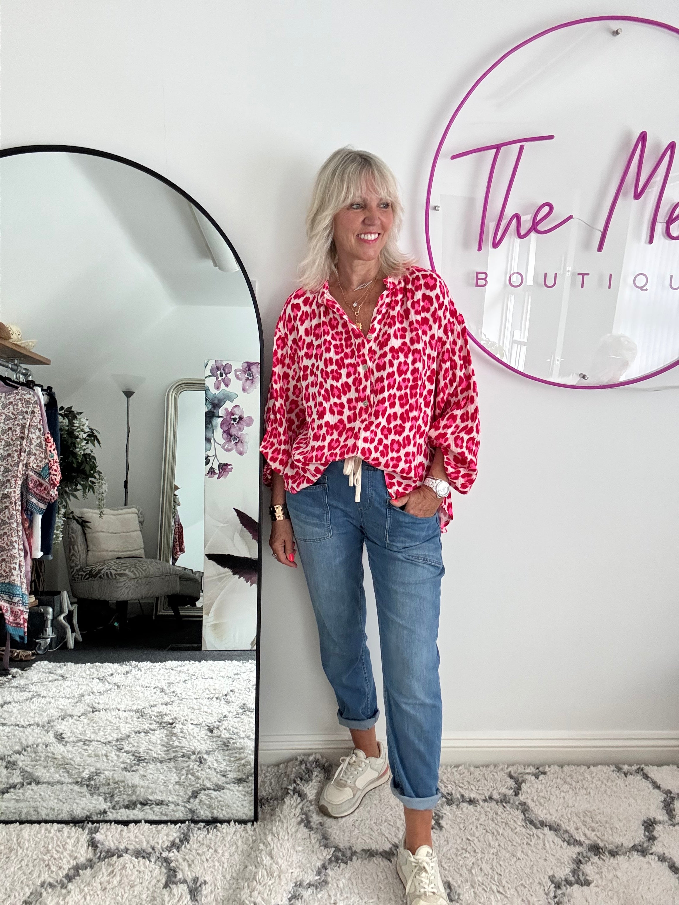 Oversized Cheesecloth Shirt in Red & Pink Leopard