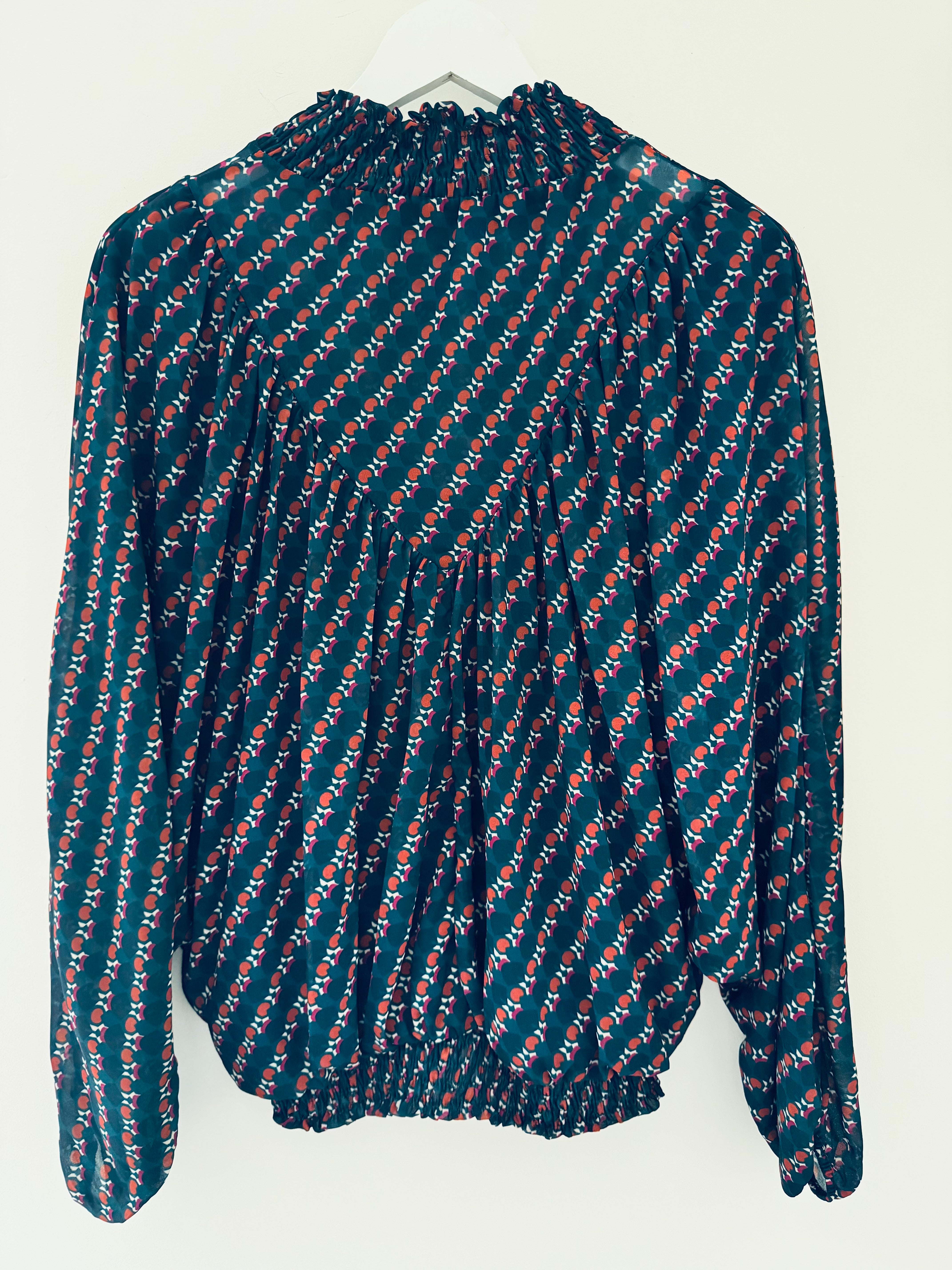 High Neck Blouse in Teal & Cherry